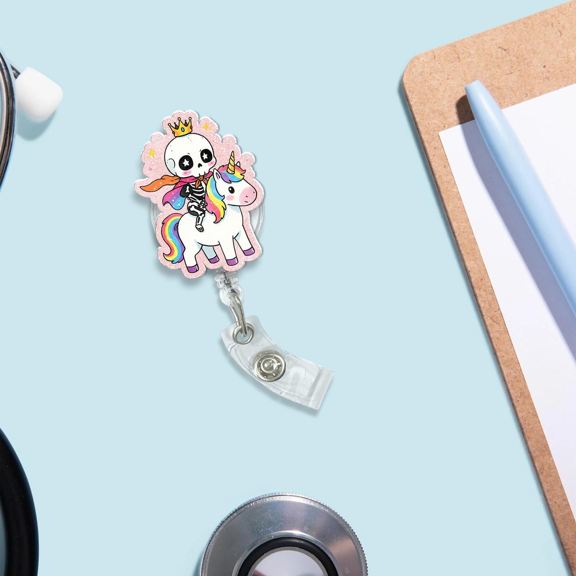 Cute Skeleton Riding Unicorn Badge Reel, Cute Badge, RN Id Holder, Gift For Nurse, Nurse Gift Idea, Funny Gift, Unique Gift, Working Lanyard