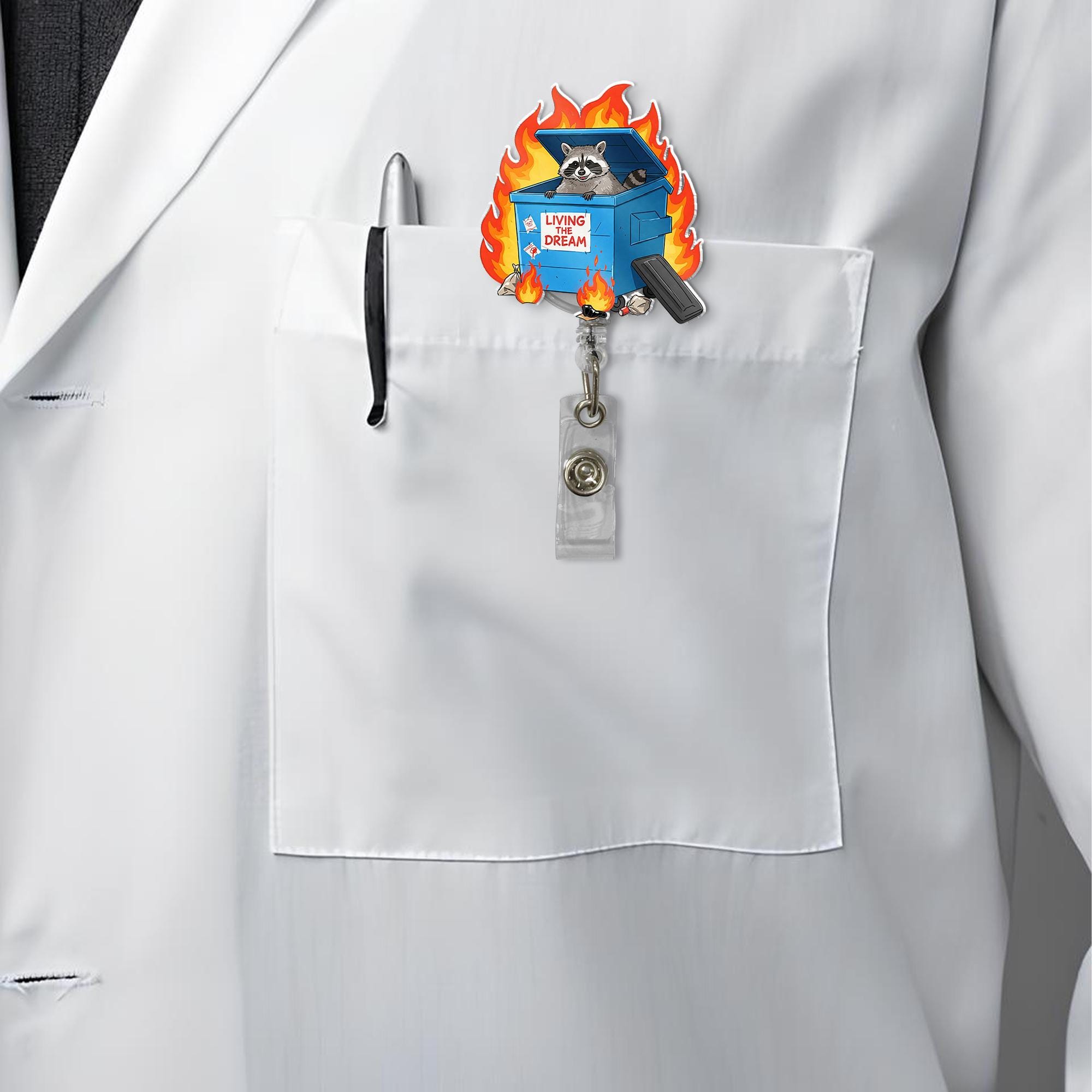 Living the dream badge reel, quirky raccoon nurse officer accessory, perfect office humor ID holder gift for coworkers, nurse accessories