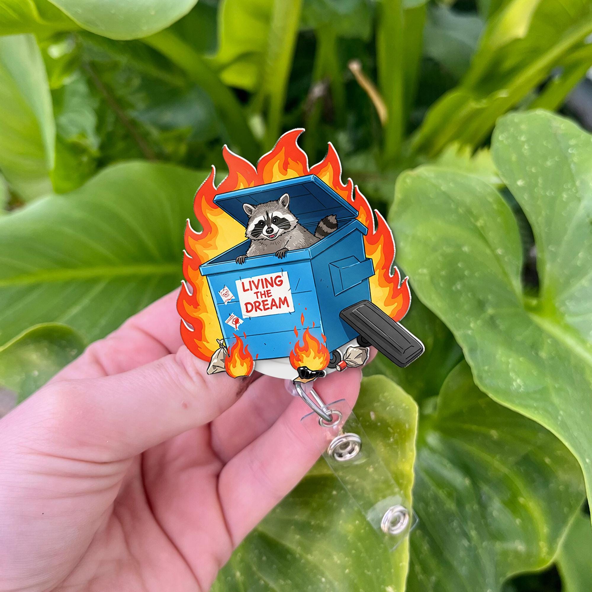 Living the dream badge reel, quirky raccoon nurse officer accessory, perfect office humor ID holder gift for coworkers, nurse accessories