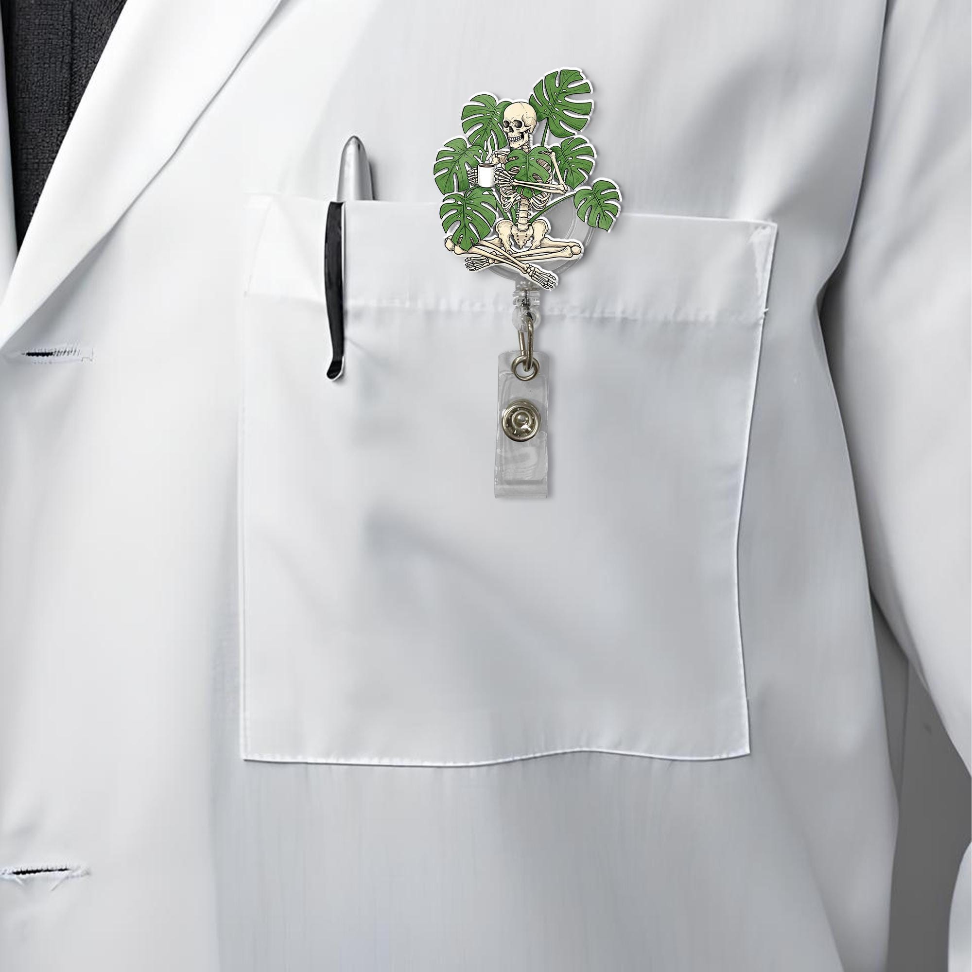 Monstera plant skeleton badge reel, quirky monstera lover id holder, funny nurse accessories gift, coffee lover accessories