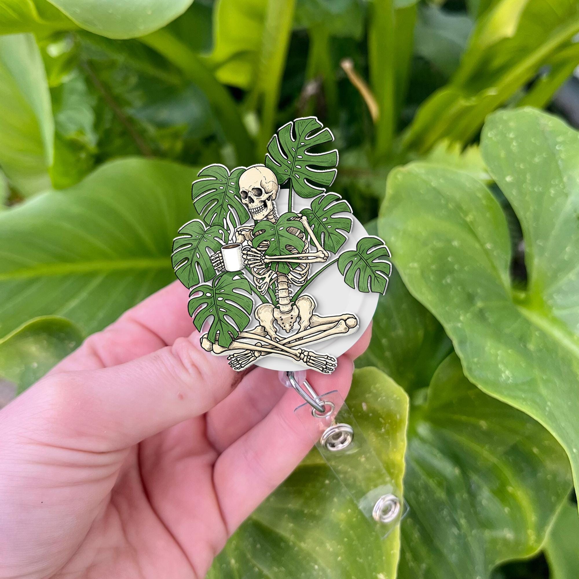 Monstera plant skeleton badge reel, quirky monstera lover id holder, funny nurse accessories gift, coffee lover accessories