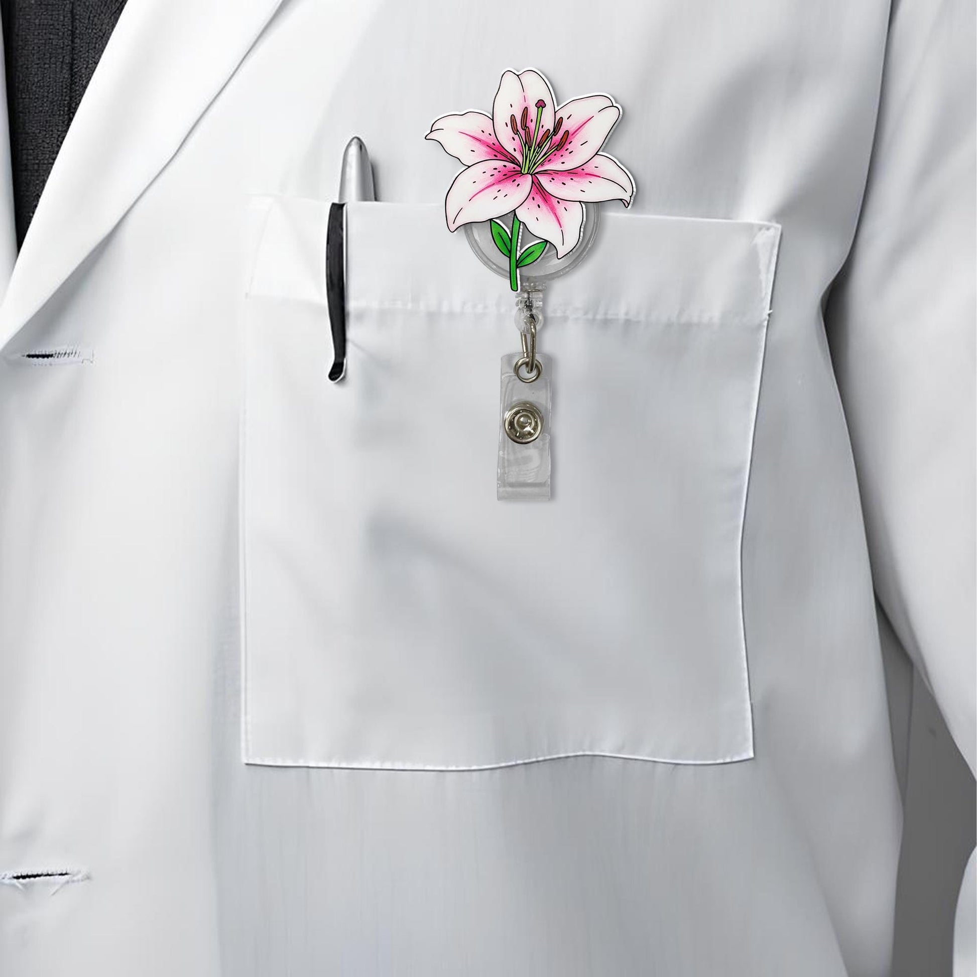 Stargazer Lily Flower Badge Reel, Flower Nurse Gift, Flower Badge Reel, RN ID Holder, Elegant Gift, Flower LOver Gift, Gift For Nurse