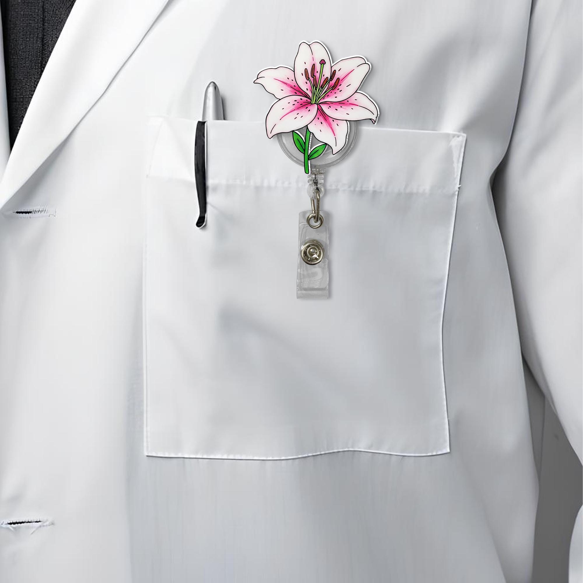 Stargazer Lily Flower Badge Reel, Flower Nurse Gift, Flower Badge Reel, RN ID Holder, Elegant Gift, Flower LOver Gift, Gift For Nurse