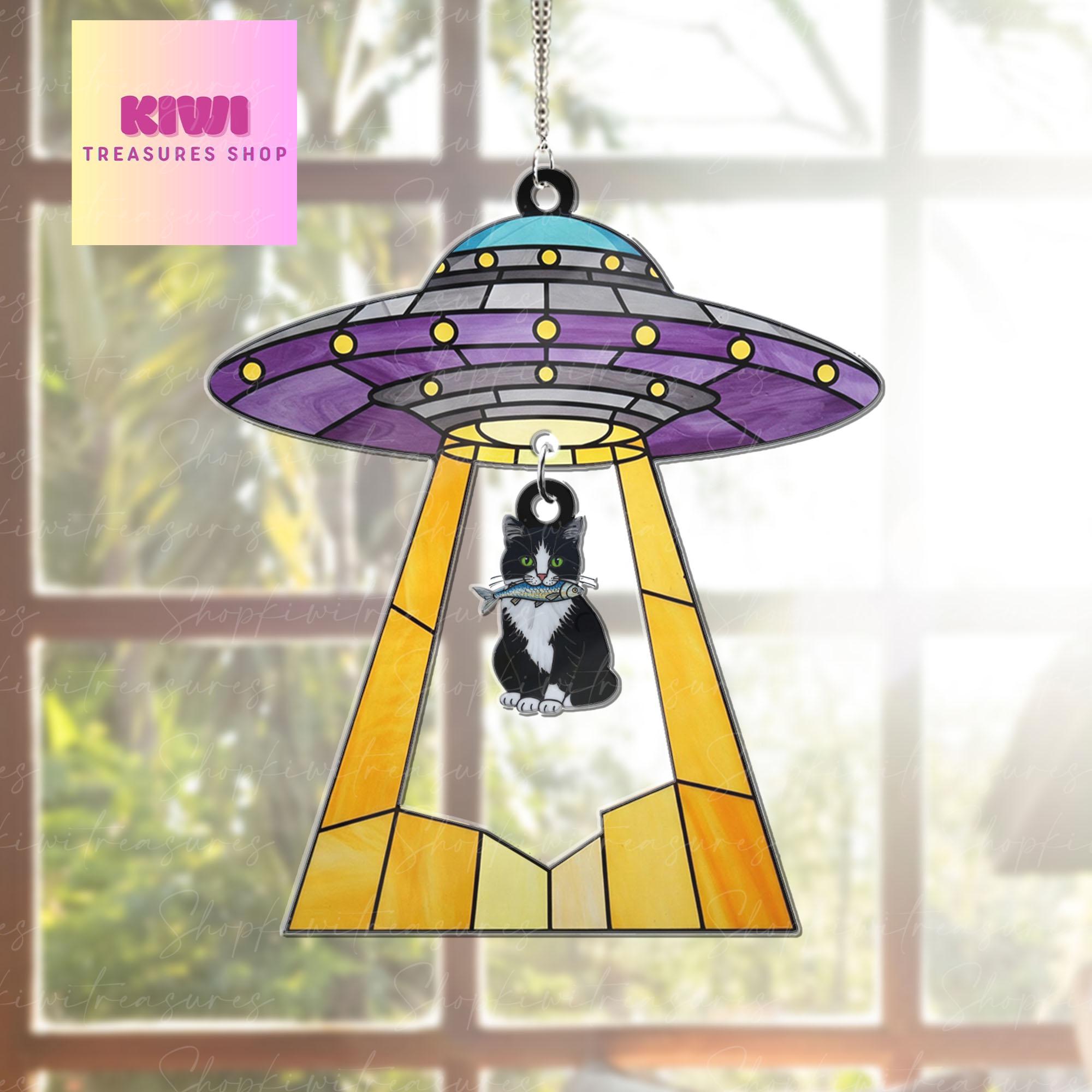 Funny Ufo Abduction tuxedo cat Acrylic Hanging Sign, tuxedo cat hanging piece, Perfect gift for cat mom, Mother's day gift, cat lover