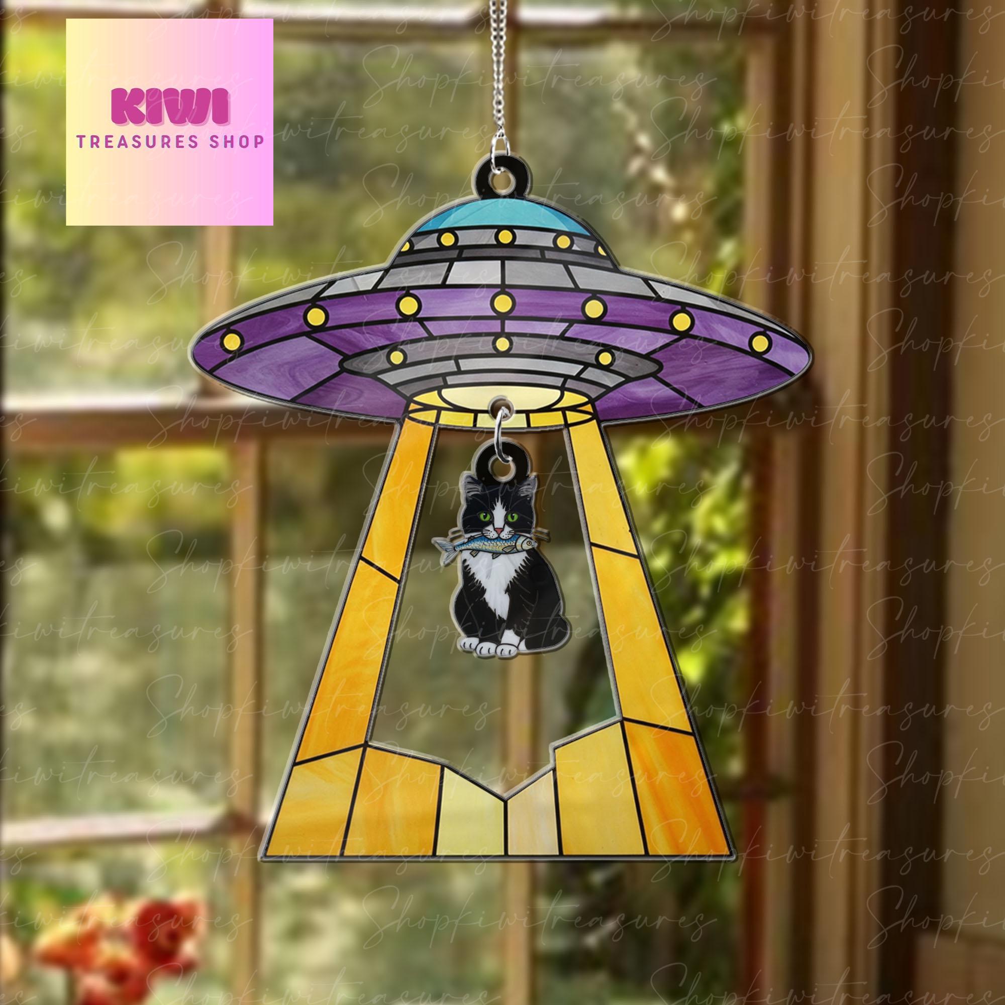 Funny Ufo Abduction tuxedo cat Acrylic Hanging Sign, tuxedo cat hanging piece, Perfect gift for cat mom, Mother's day gift, cat lover