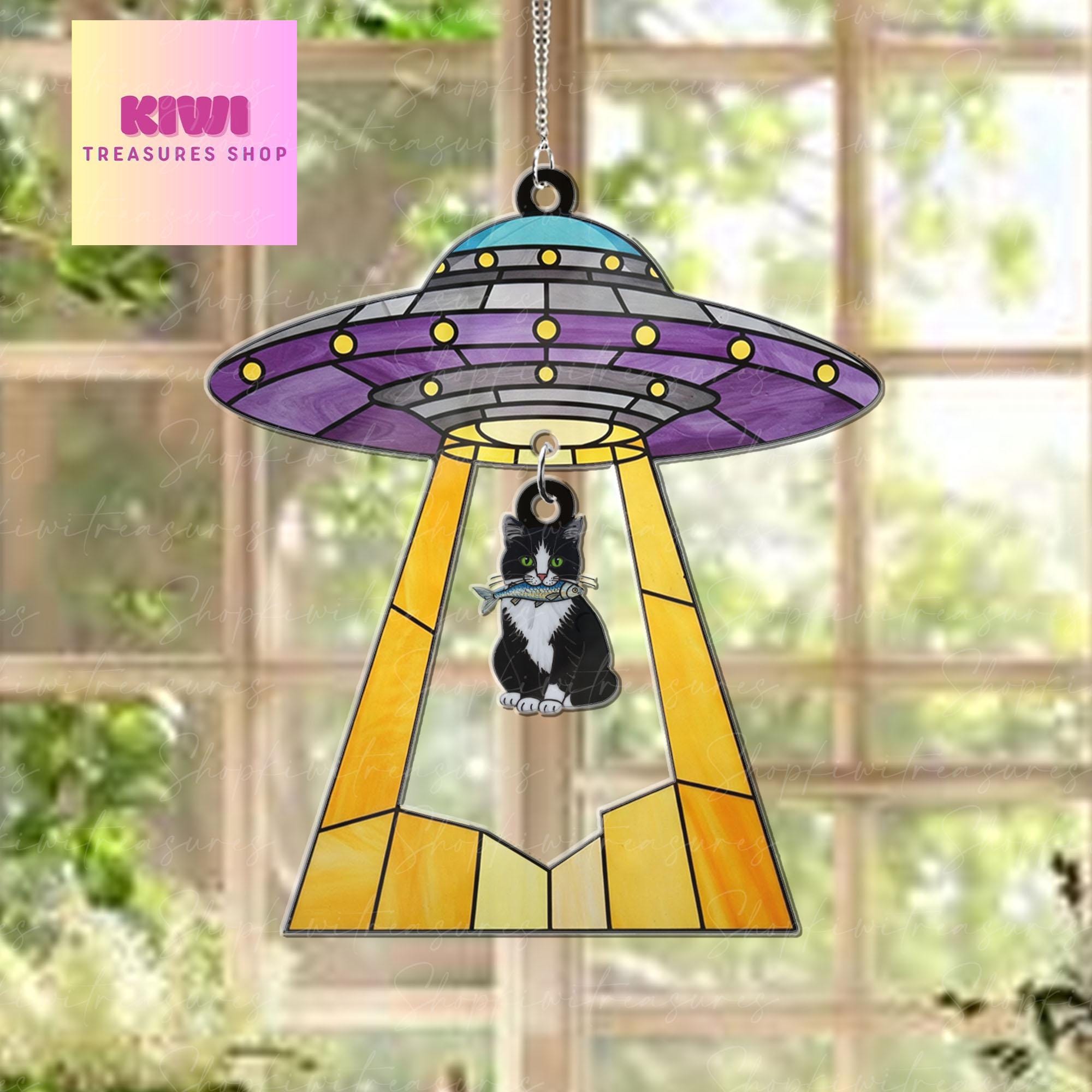 Funny Ufo Abduction tuxedo cat Acrylic Hanging Sign, tuxedo cat hanging piece, Perfect gift for cat mom, Mother's day gift, cat lover