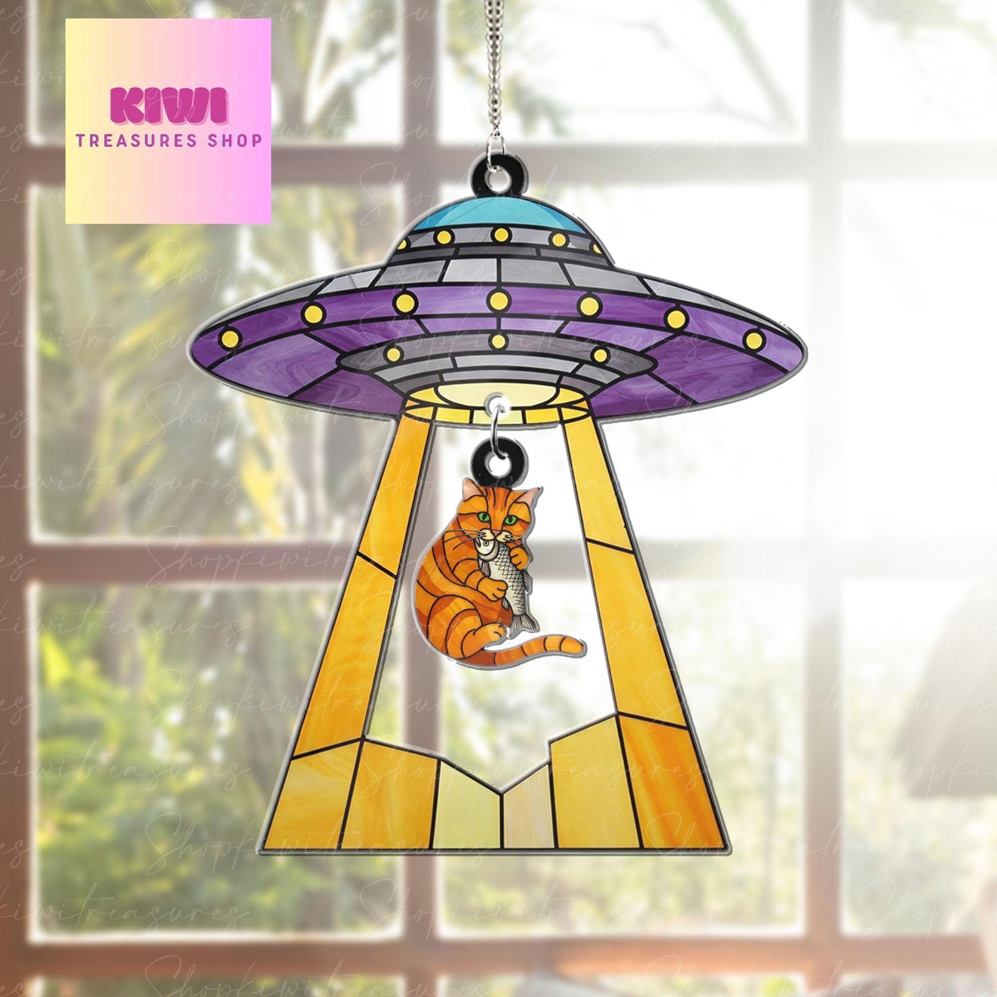 Funny Ufo Abduction orange cat Acrylic Hanging Sign, orange cat hanging piece, Perfect gift for cat mom, Mother's day gift, cat lover