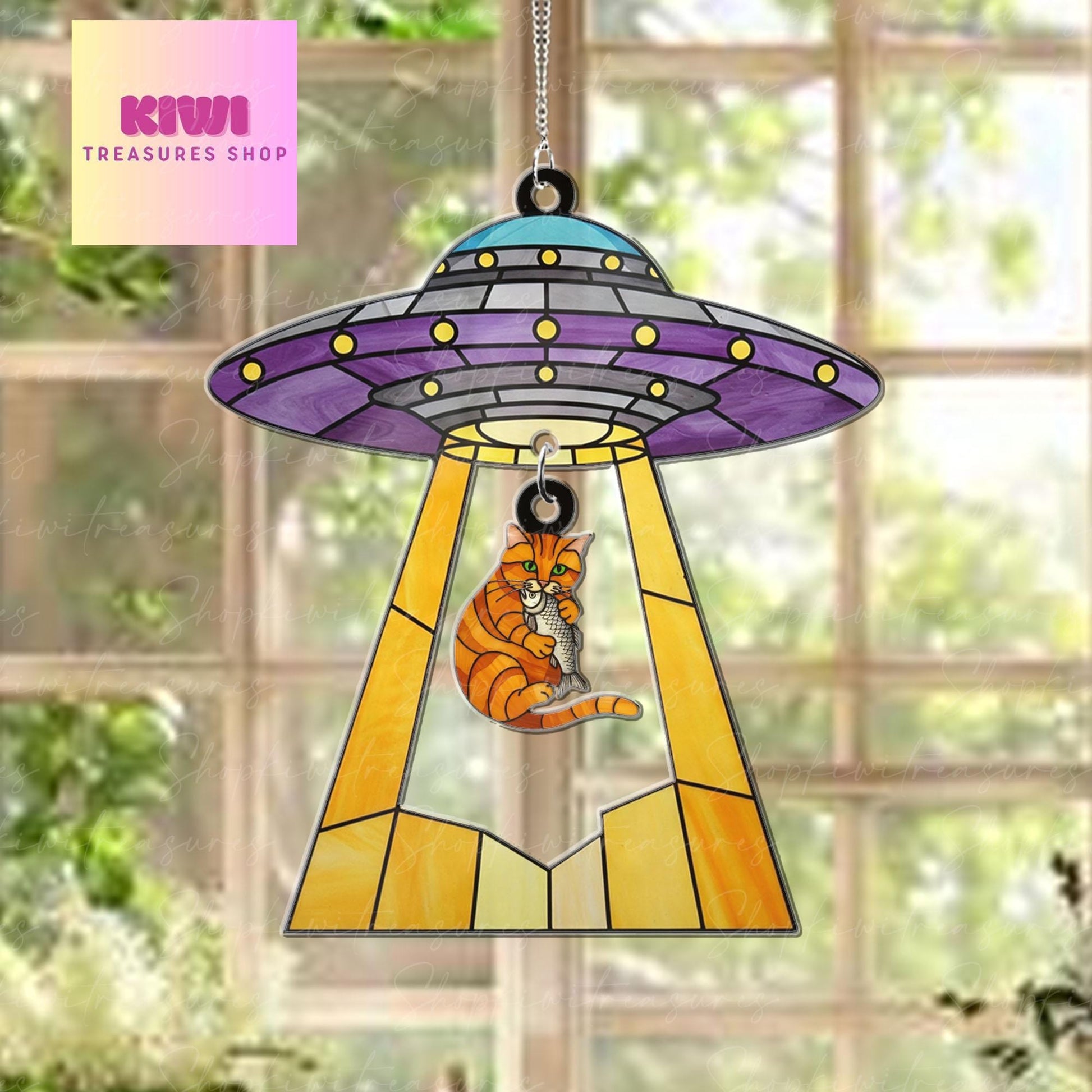 Funny Ufo Abduction orange cat Acrylic Hanging Sign, orange cat hanging piece, Perfect gift for cat mom, Mother's day gift, cat lover