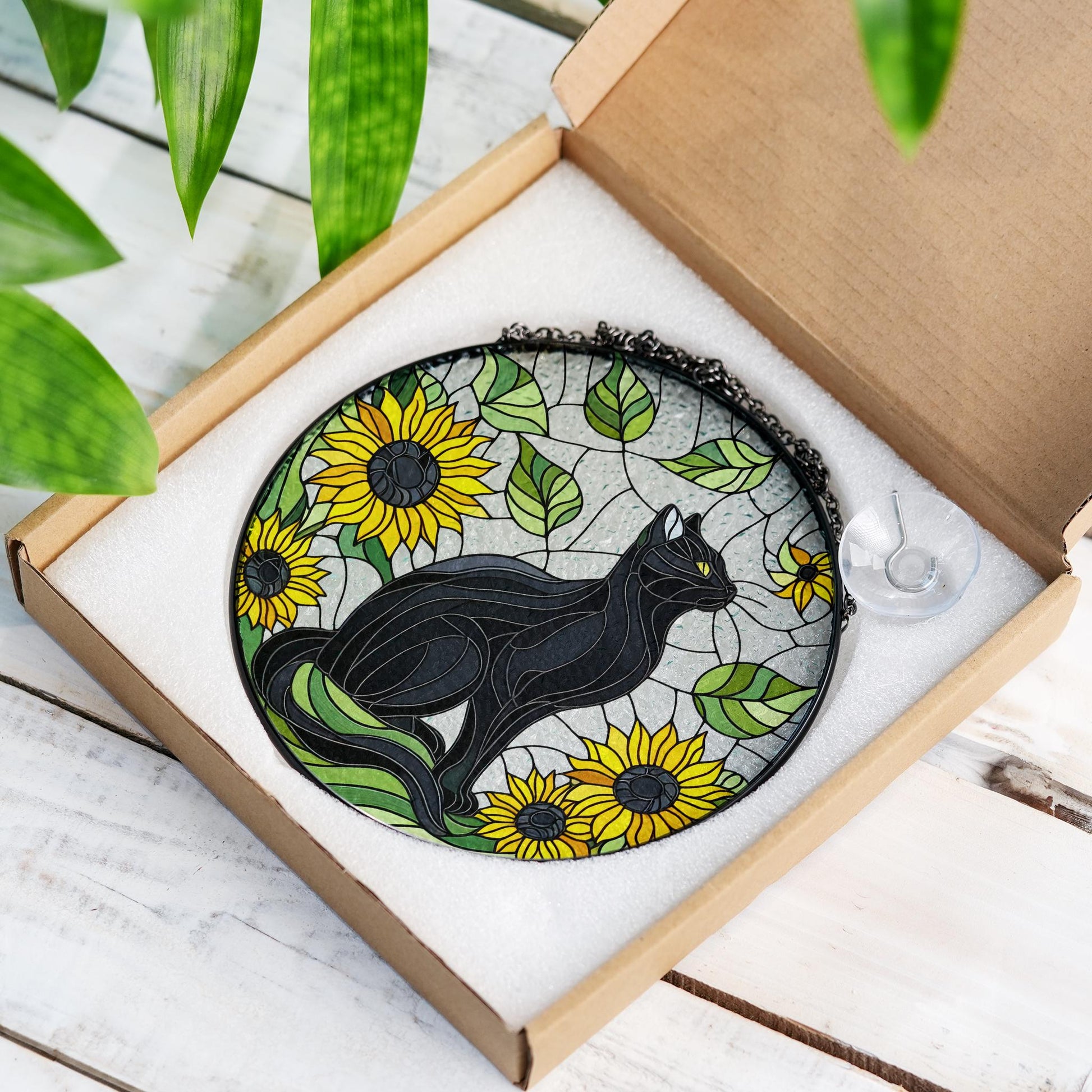 Black cat among Sunflowers GLASS Suncatcher, sunflower lover gift, black cat mom gift suncatcher Mother's day gift 2025
