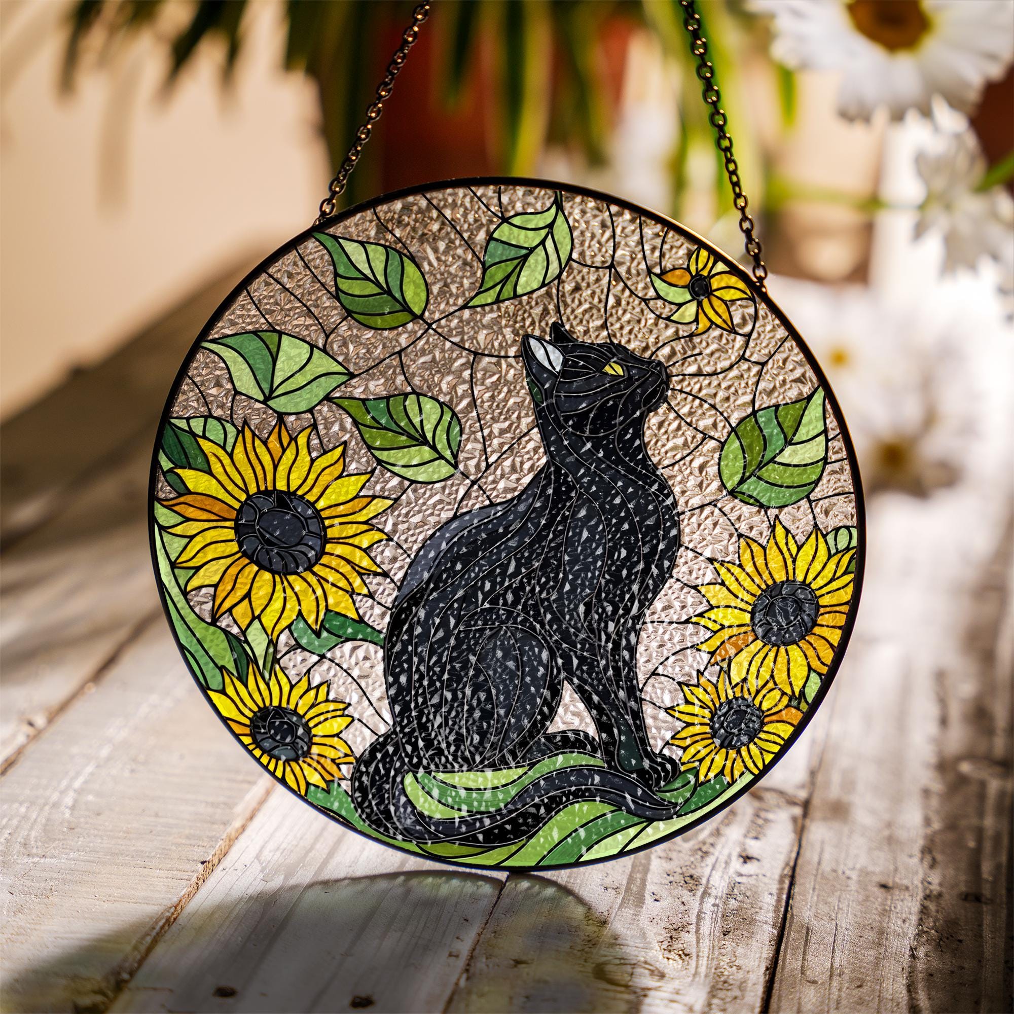 Black cat among Sunflowers GLASS Suncatcher, sunflower lover gift, black cat mom gift suncatcher Mother's day gift 2025