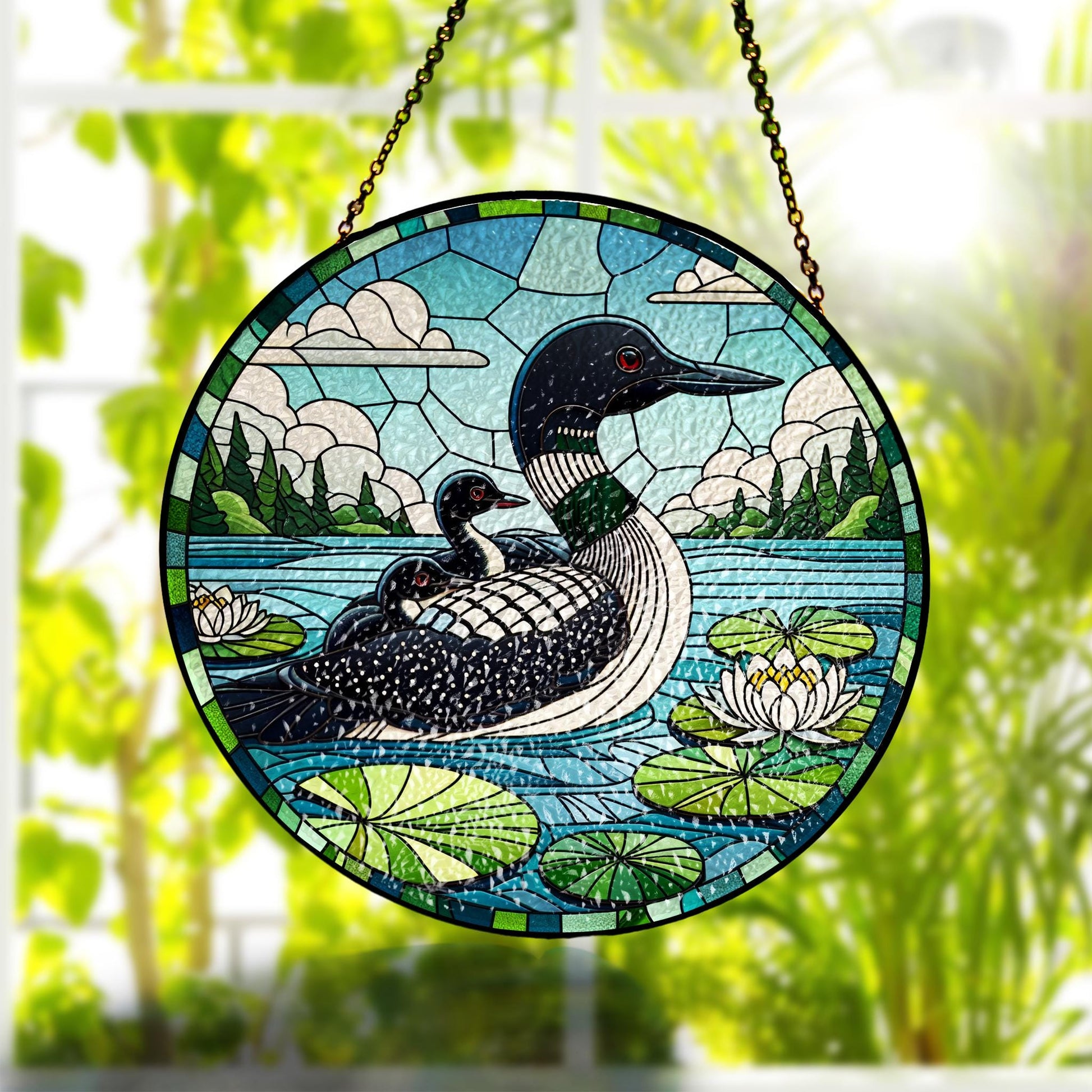 Loon Family Glass Suncatcher – Mother's Day Gift for Nature Loving Mom, Handcrafted Lake Bird Window Decor- Mother's day gift 2025