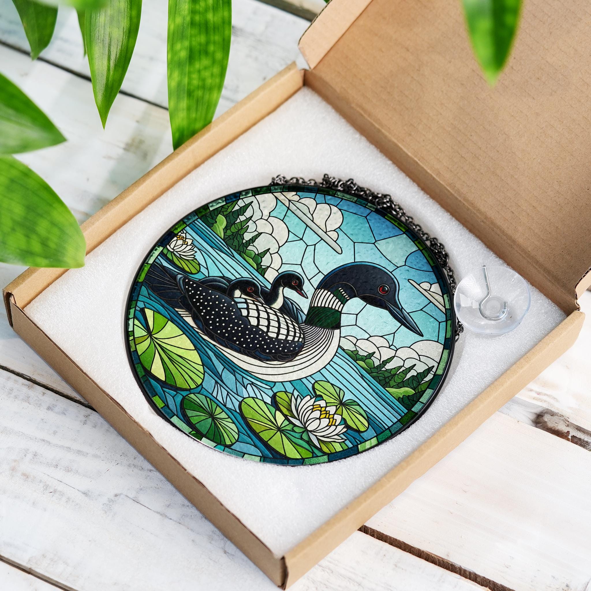 Loon Family Glass Suncatcher – Mother's Day Gift for Nature Loving Mom, Handcrafted Lake Bird Window Decor- Mother's day gift 2025