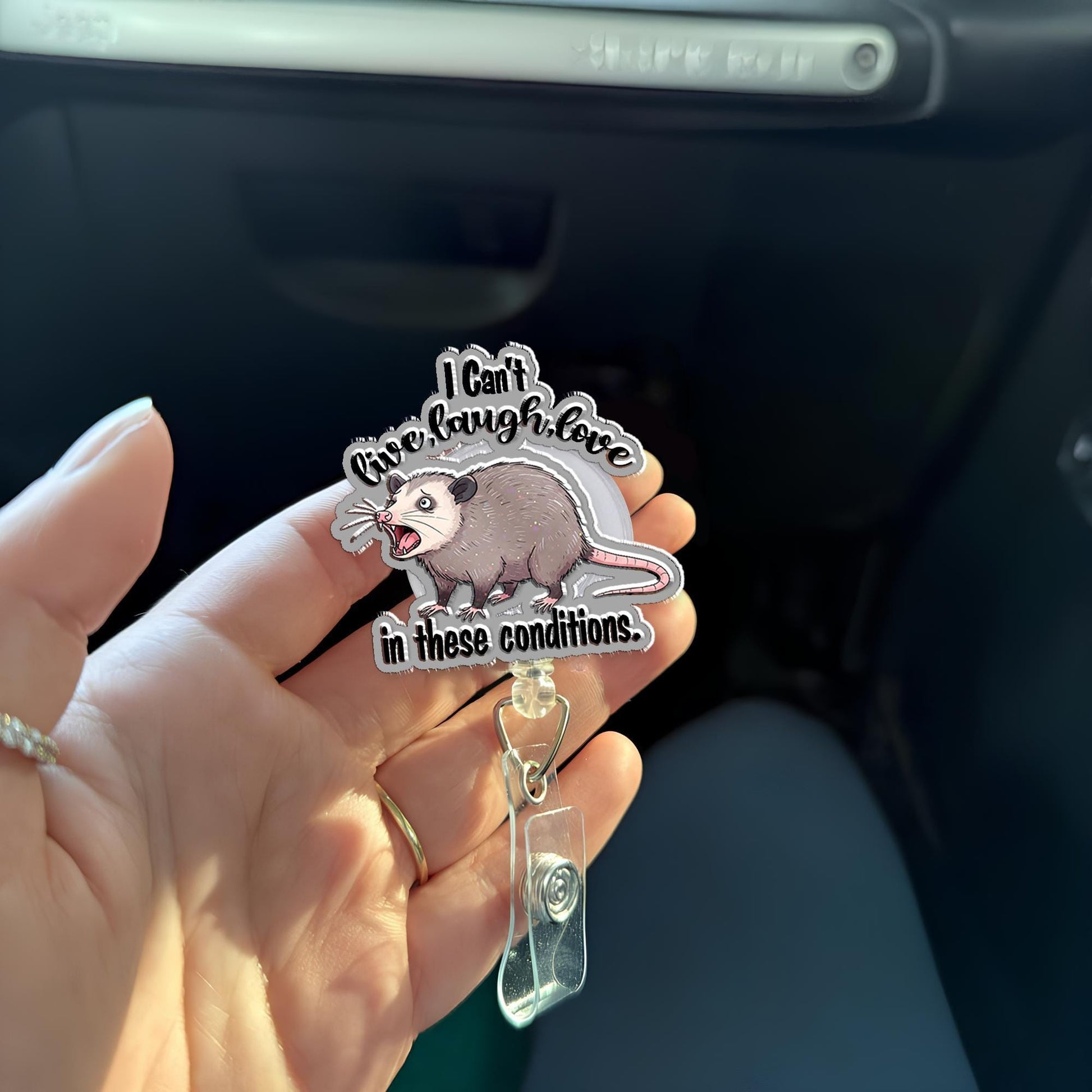 I Cant Live Laught Love In These Conditions Badge Reel, Distress Possum Badge, Funny Possum ID Holder, funny nurse badge reel