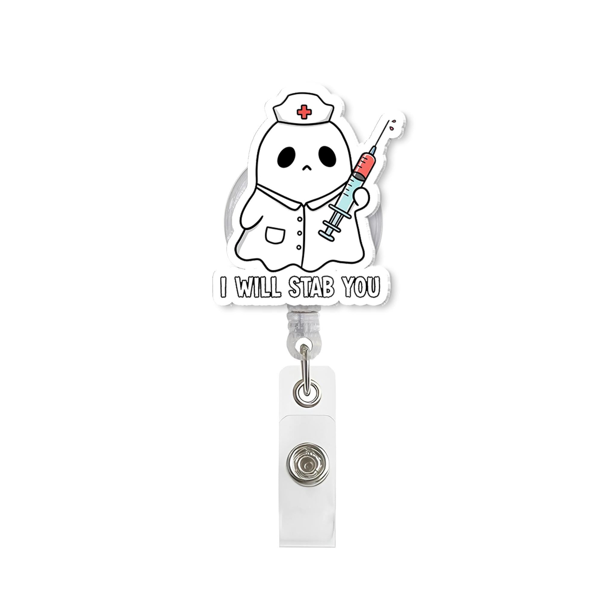 I will stab you badge reel, Funny nurse Id Holder, ER Reel, Cute ghost nurse, Health care, Medical healthcare Gift, Ghost Badge Reel Clip