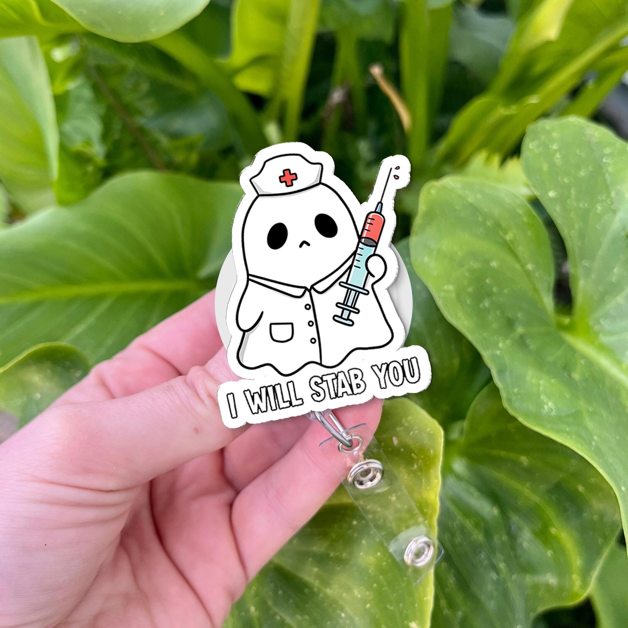 I will stab you badge reel, Funny nurse Id Holder, ER Reel, Cute ghost nurse, Health care, Medical healthcare Gift, Ghost Badge Reel Clip