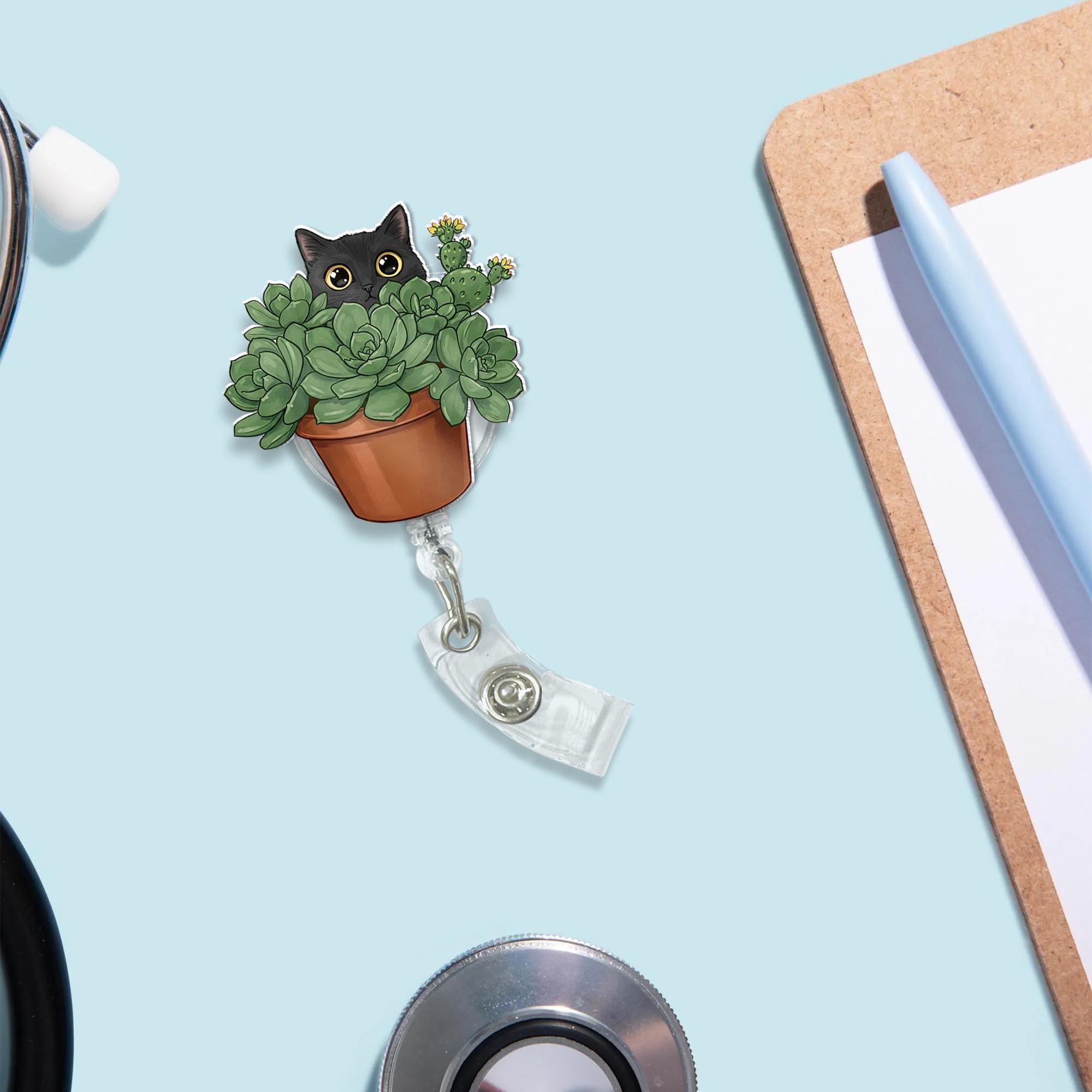 Black Cat Succulent Planter Pot Badge Reel, Cat Badge Reel, Succulent Badge Reel, Plant Lover Gift, ID Holder Gift, Gift For Nurse,Id Holder