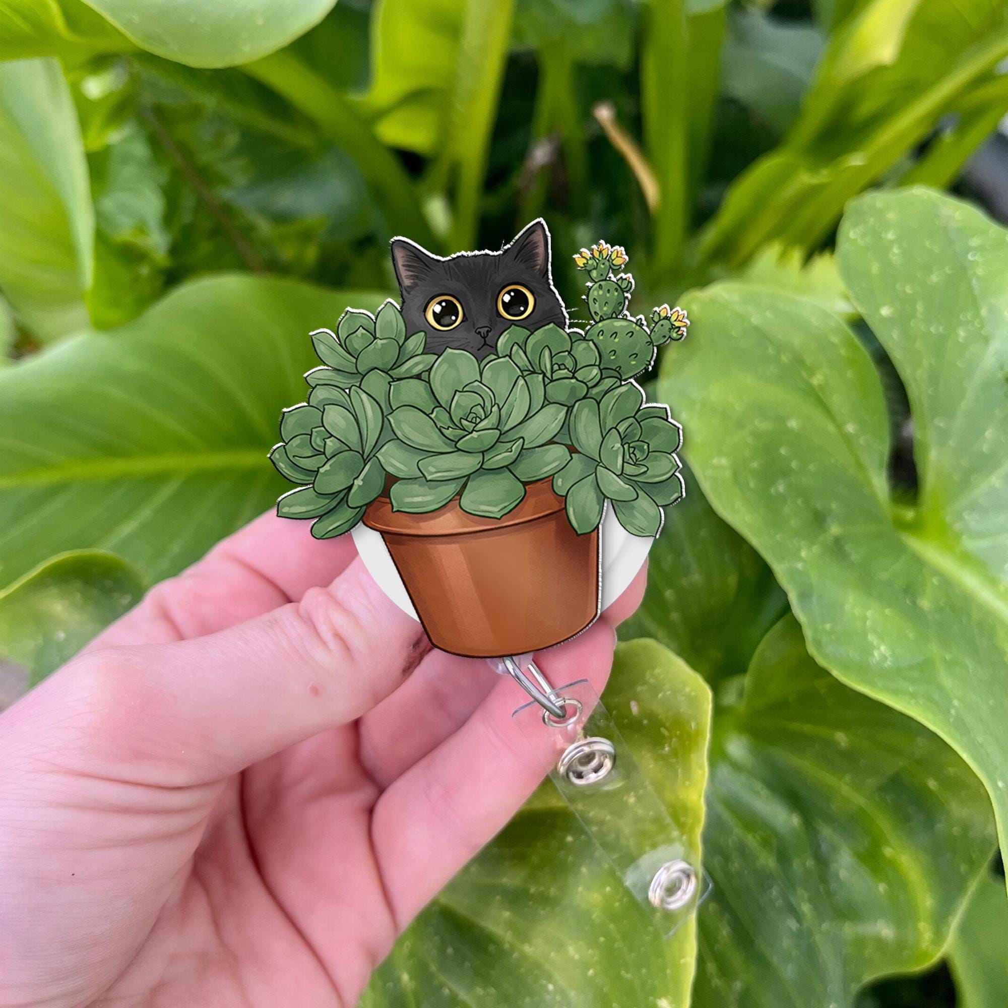 Black Cat Succulent Planter Pot Badge Reel, Cat Badge Reel, Succulent Badge Reel, Plant Lover Gift, ID Holder Gift, Gift For Nurse,Id Holder