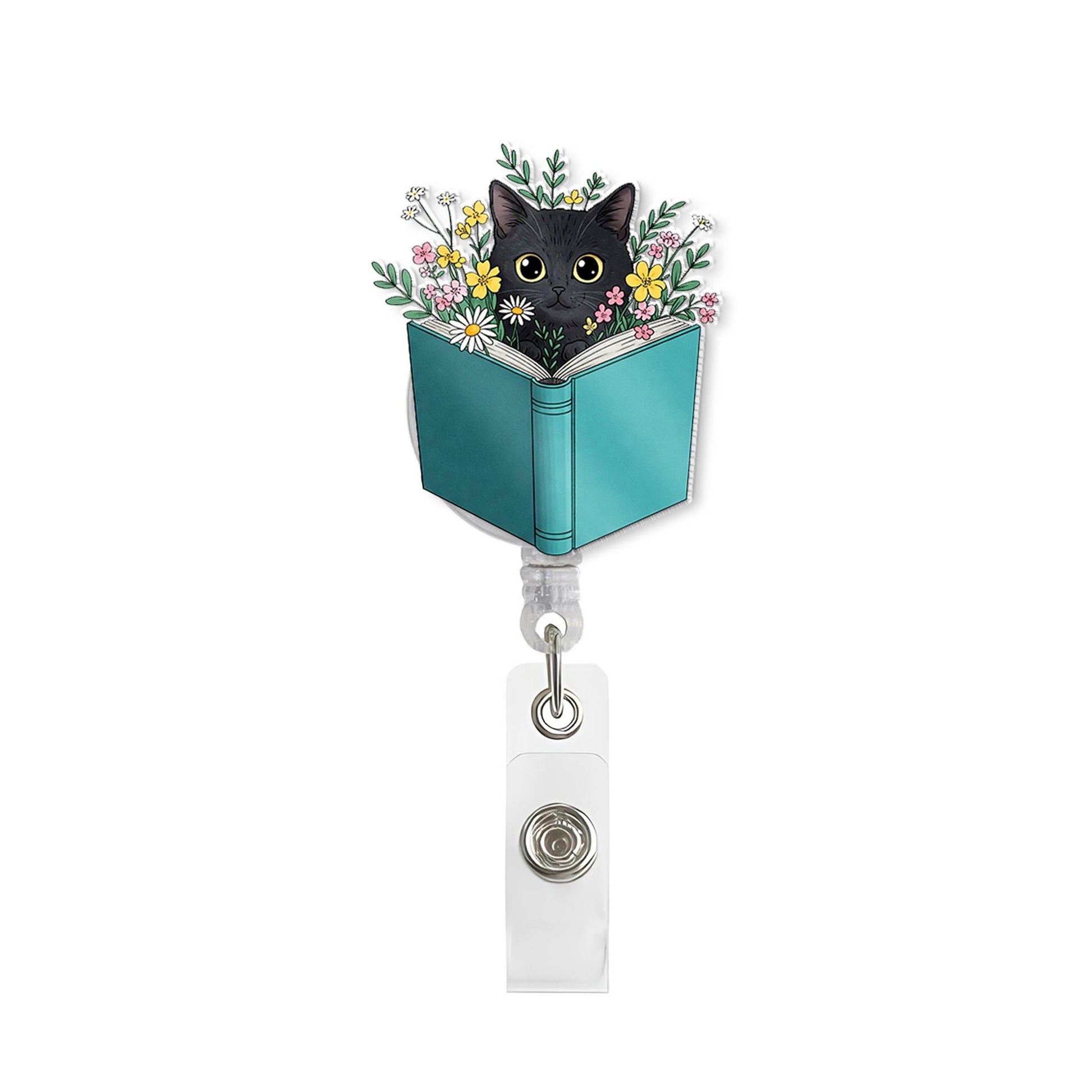 Black Cat Book Wildflowers Badge Reel, Cat Badge Reel, Wildflowers Badge Reel, Plant Lover Gift, ID Holder Gift, Gift For Nurse, Bookish