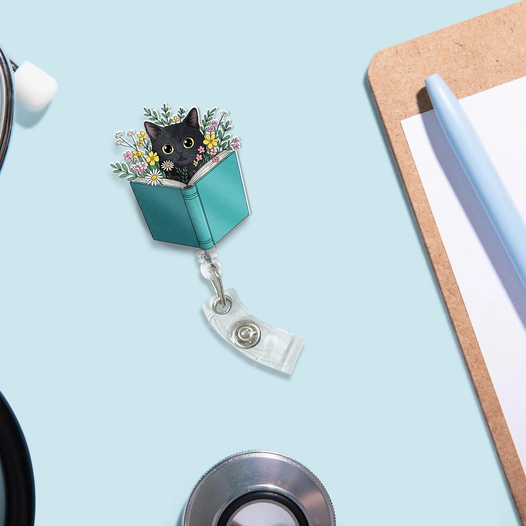 Black Cat Book Wildflowers Badge Reel, Cat Badge Reel, Wildflowers Badge Reel, Plant Lover Gift, ID Holder Gift, Gift For Nurse, Bookish