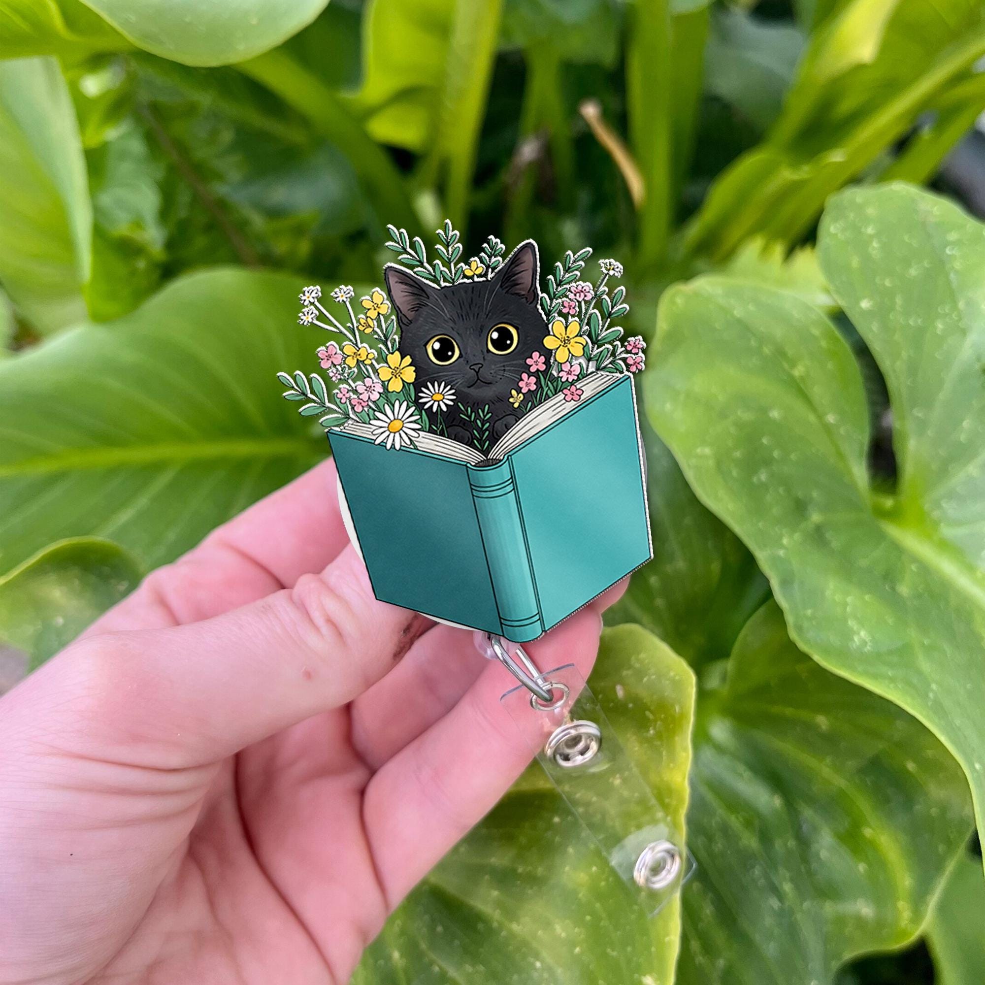 Black Cat Book Wildflowers Badge Reel, Cat Badge Reel, Wildflowers Badge Reel, Plant Lover Gift, ID Holder Gift, Gift For Nurse, Bookish