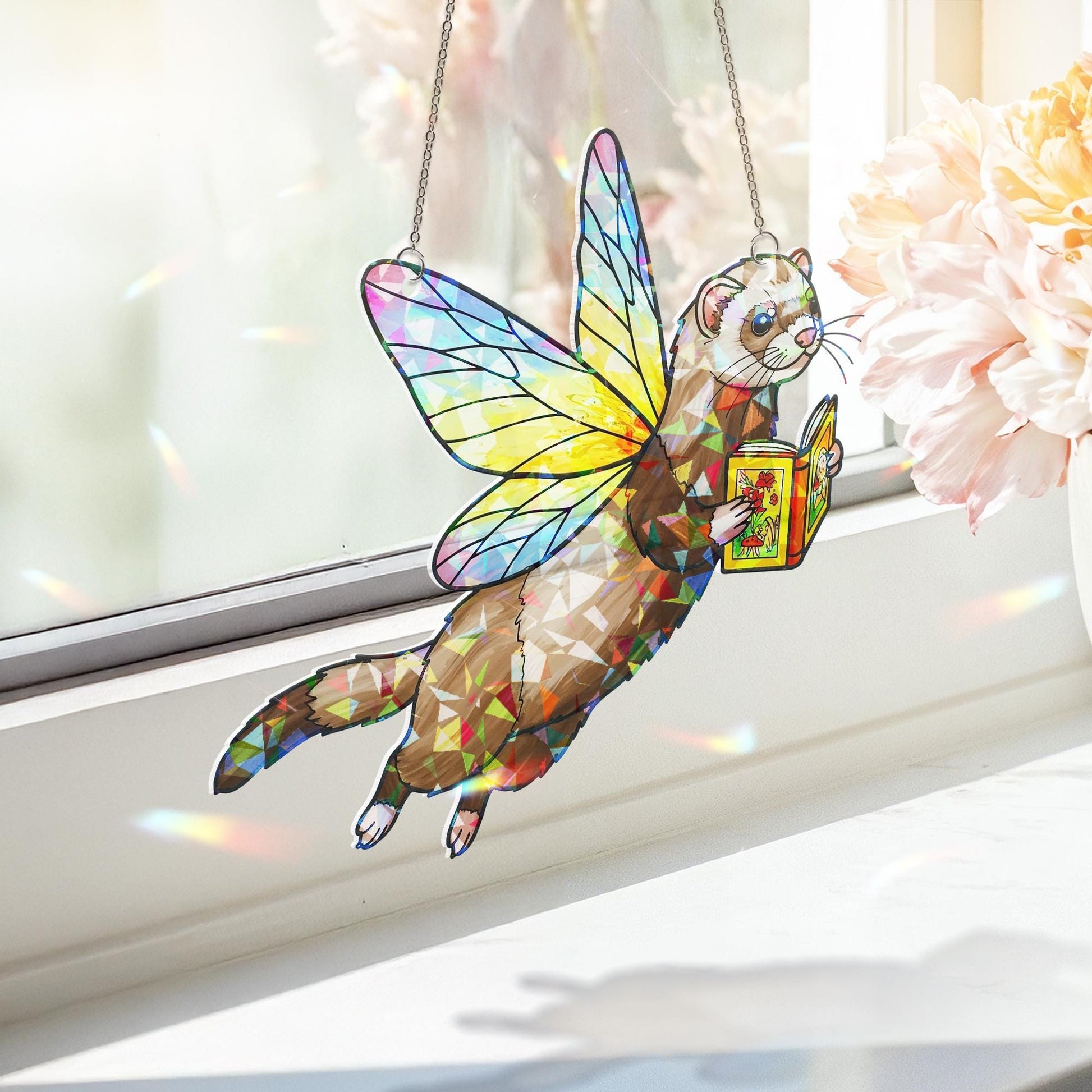 Fairy Ferret Reading Hologram Acrylic Window Decor, Cute Ferret Bookish Gift, Reading Lover Decor, Ferret Lover Gift, Gift For Book Lover