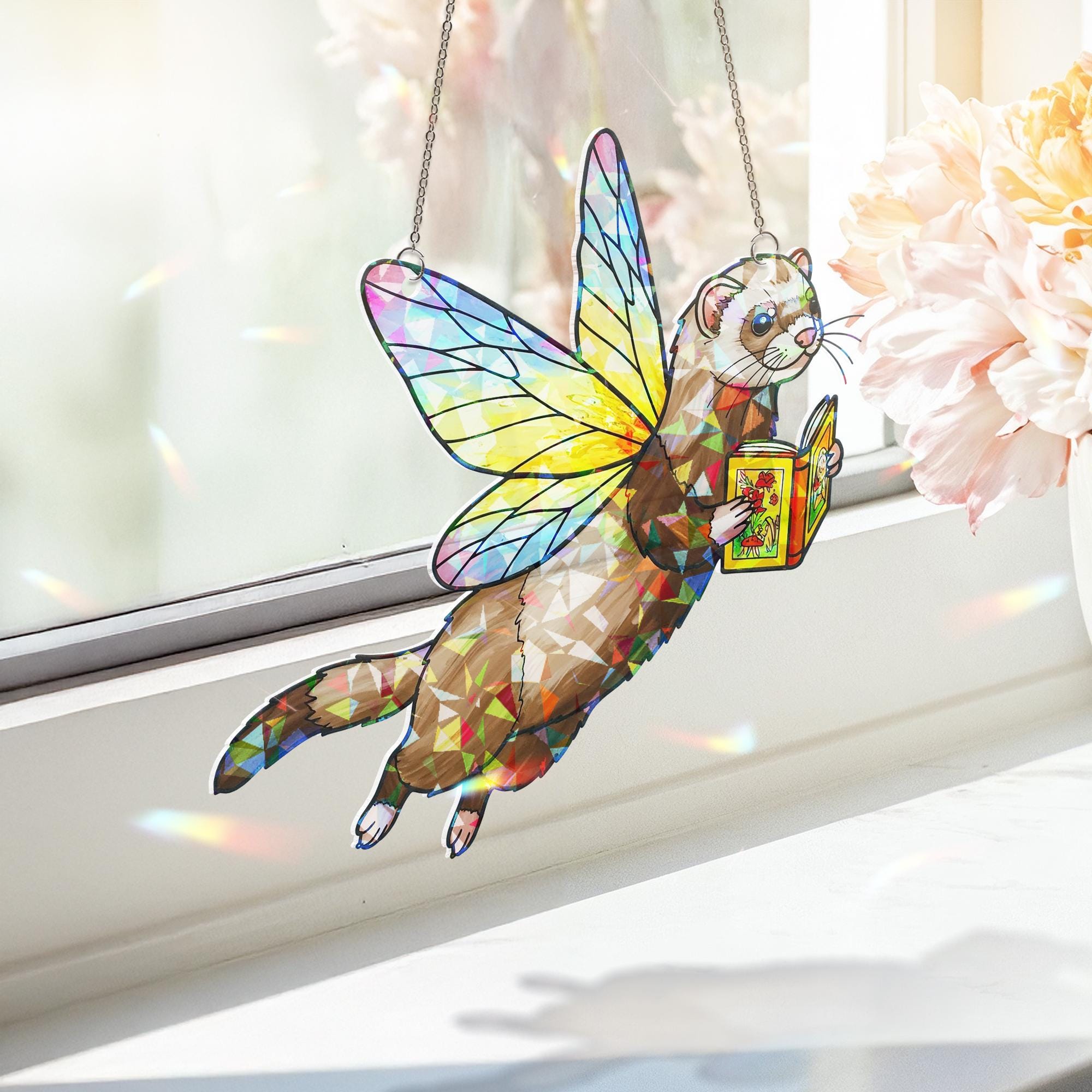 Fairy Ferret Reading Hologram Acrylic Window Decor, Cute Ferret Bookish Gift, Reading Lover Decor, Ferret Lover Gift, Gift For Book Lover