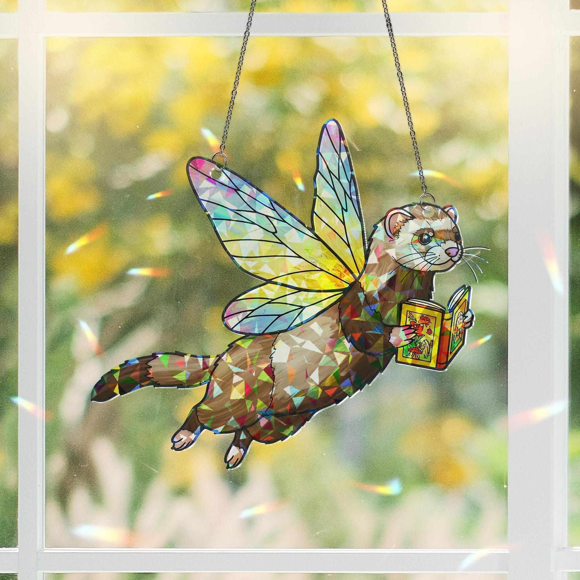 Fairy Ferret Reading Hologram Acrylic Window Decor, Cute Ferret Bookish Gift, Reading Lover Decor, Ferret Lover Gift, Gift For Book Lover