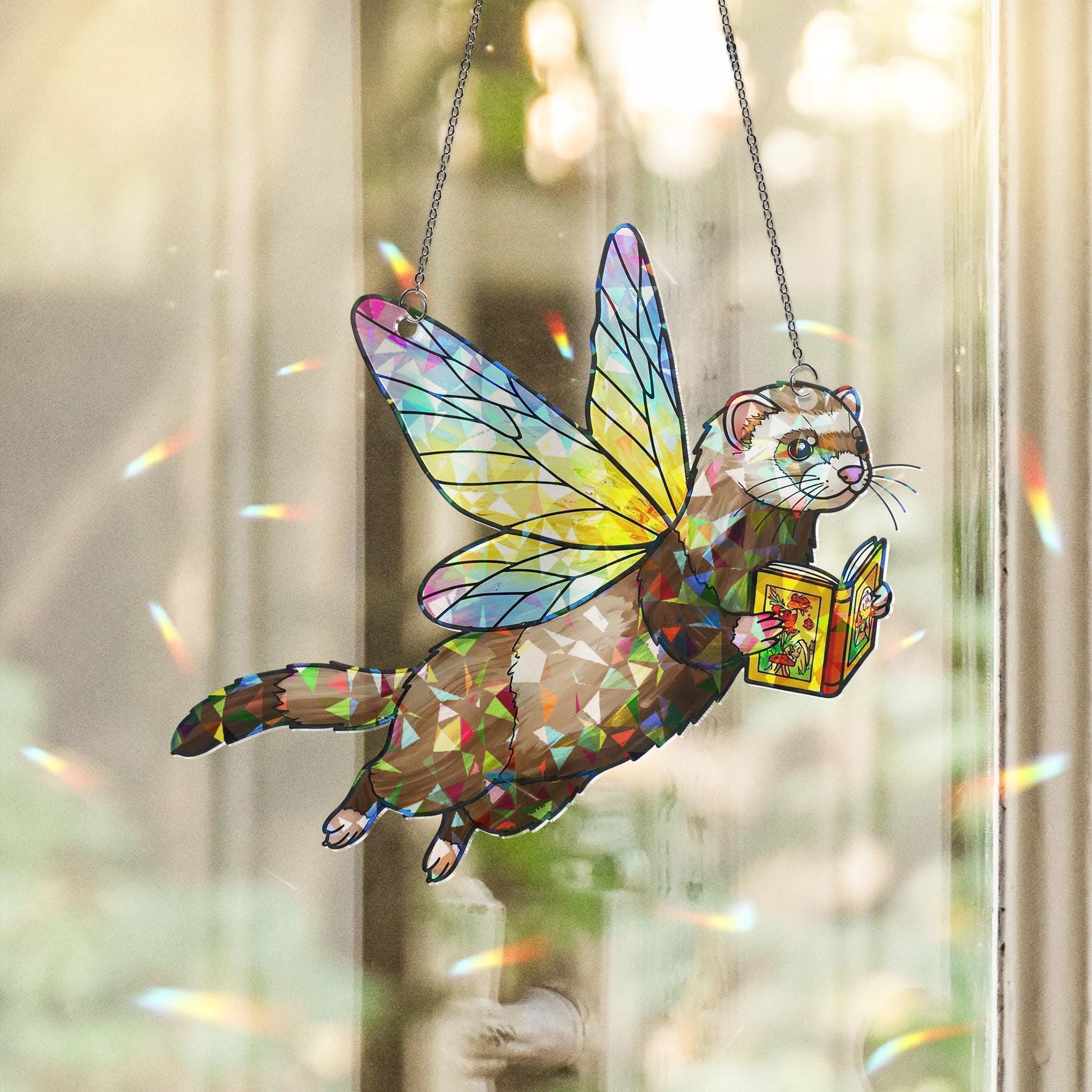 Fairy Ferret Reading Hologram Acrylic Window Decor, Cute Ferret Bookish Gift, Reading Lover Decor, Ferret Lover Gift, Gift For Book Lover