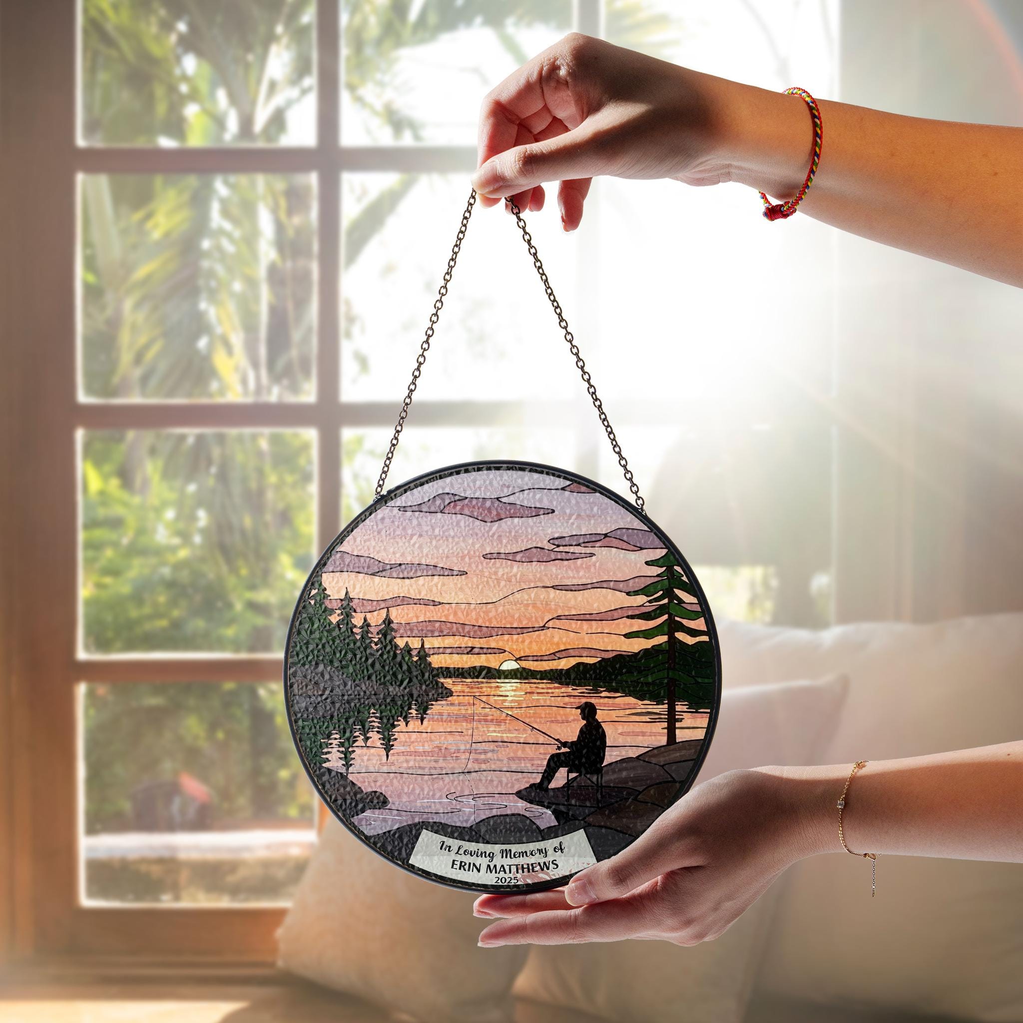 Fishing Memorial Suncatcher, Gone Fishing in Heaven Glass Window Hanging, Memorial Gift for Fisherman, Loss Of Dad/ Grandpa, Memorial Decor