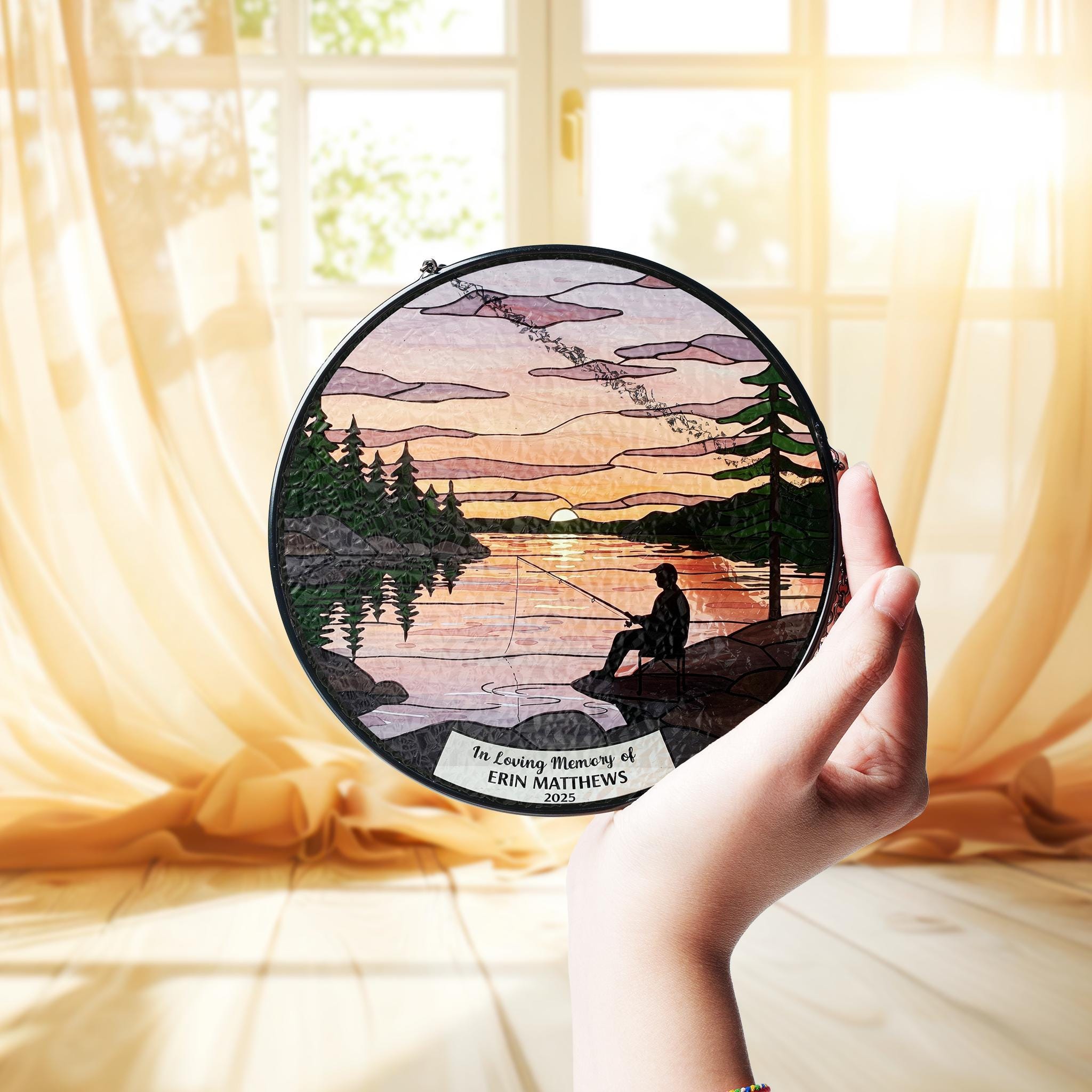 Fishing Memorial Suncatcher, Gone Fishing in Heaven Glass Window Hanging, Memorial Gift for Fisherman, Loss Of Dad/ Grandpa, Memorial Decor