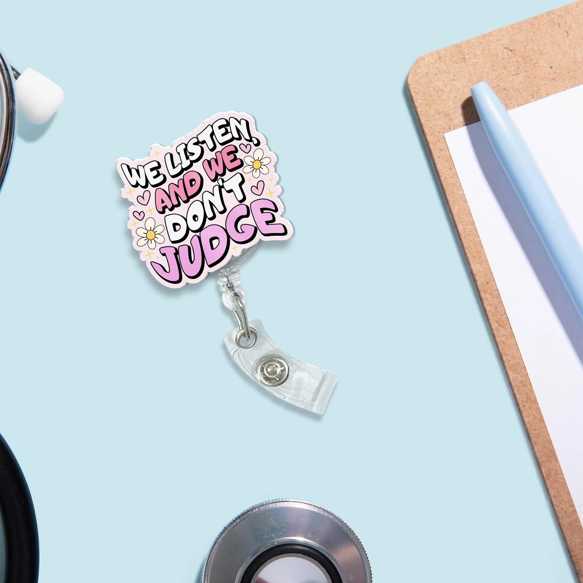 We Listen And We Dont Judge Badge Reel, Funny Nurse ID Holder, RN Id Holder, Teacher ID Holder, Work Badge Clips, Heavy Duty, Er Nurse Gift