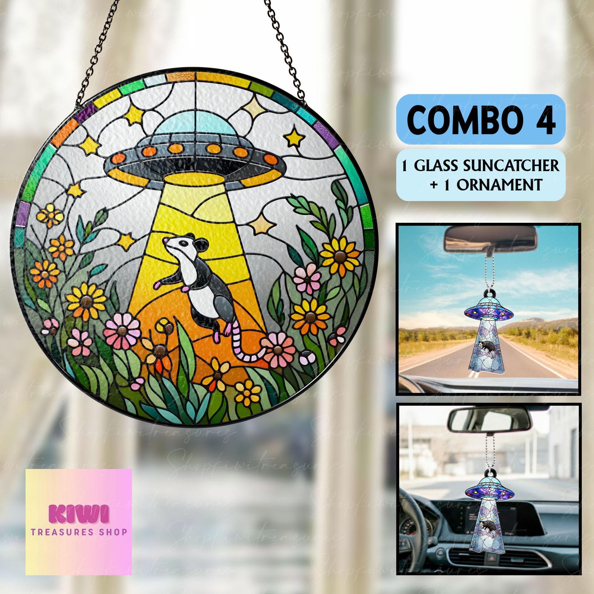 Mother's day gift set 2025 - UFO Abduction Opossum Wildflowers Glass Suncatcher - Funny Gifts for Window Hanging, Indoor Decor, Opossum Sign