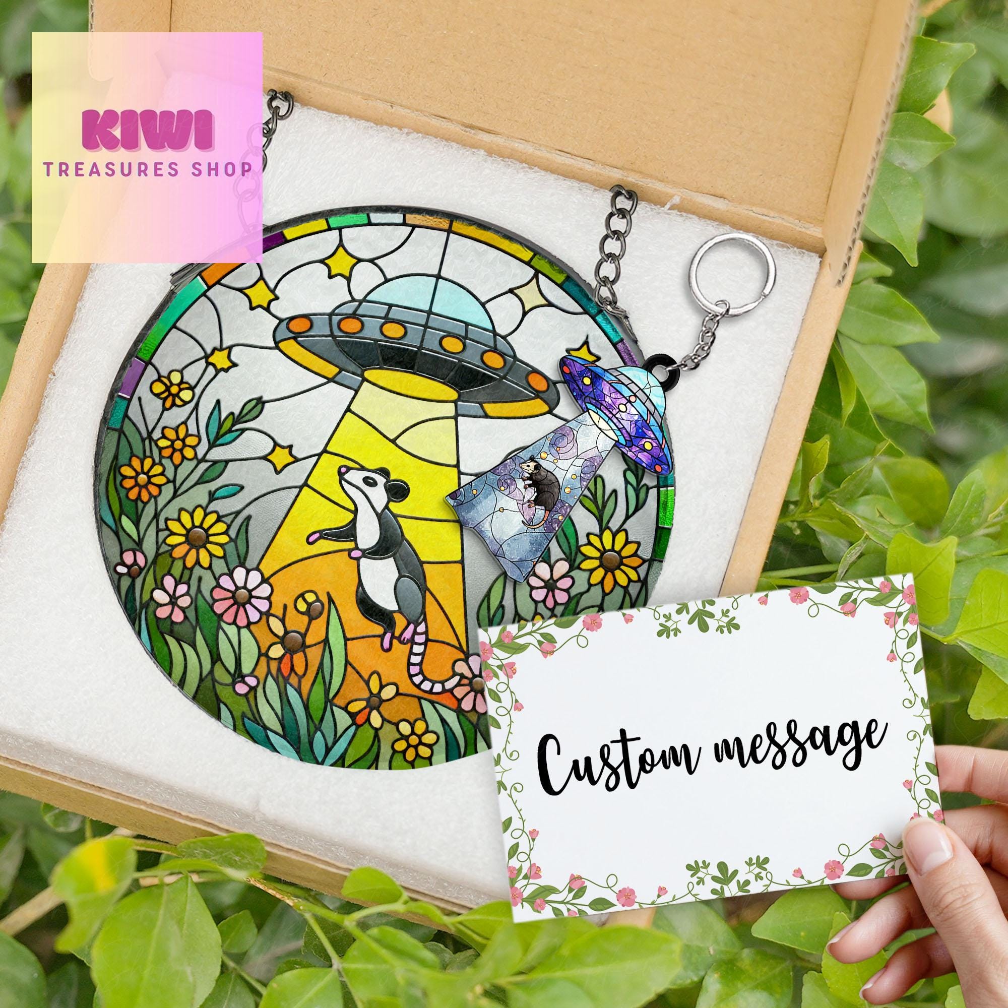 Mother's day gift set 2025 - UFO Abduction Opossum Wildflowers Glass Suncatcher - Funny Gifts for Window Hanging, Indoor Decor, Opossum Sign