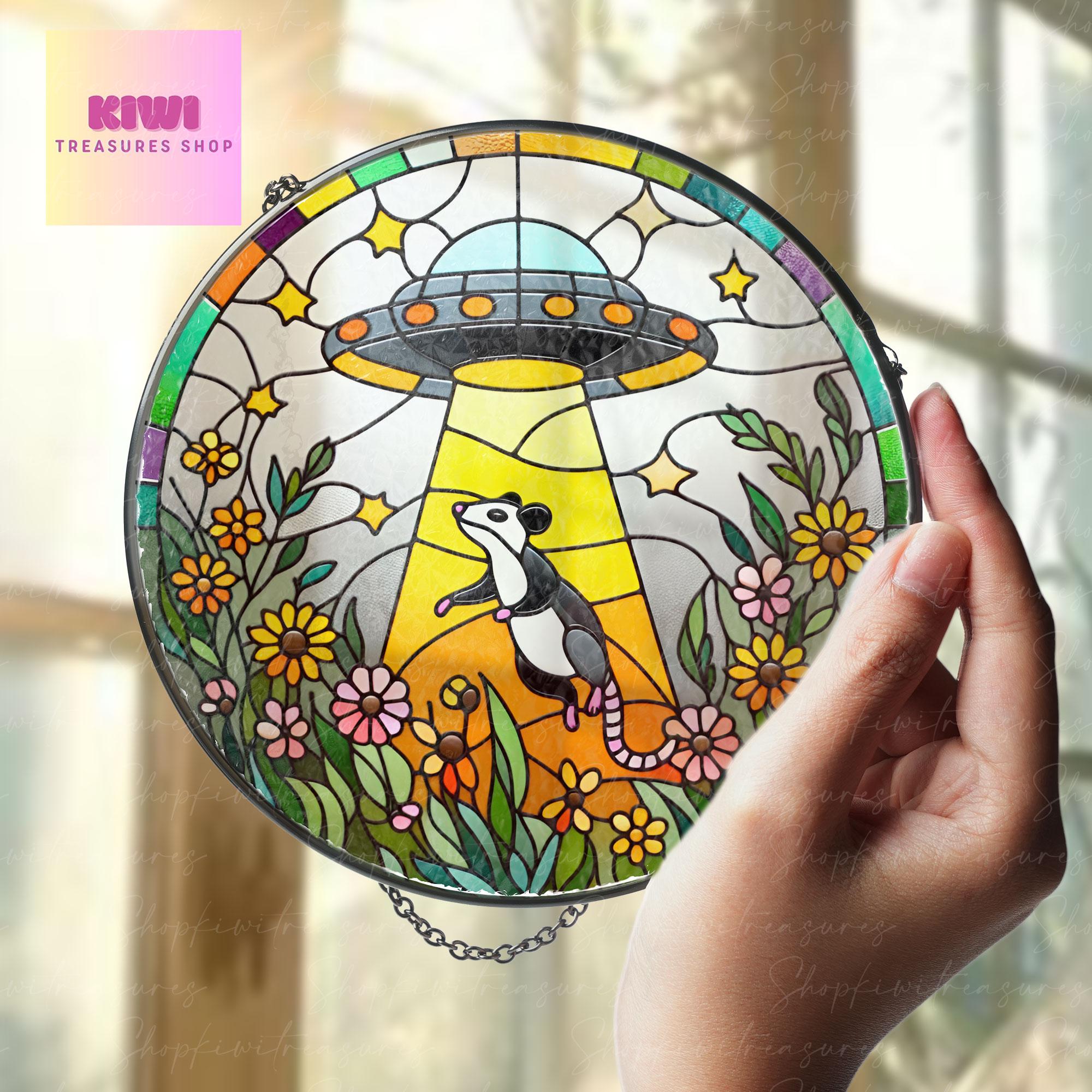 Mother's day gift set 2025 - UFO Abduction Opossum Wildflowers Glass Suncatcher - Funny Gifts for Window Hanging, Indoor Decor, Opossum Sign