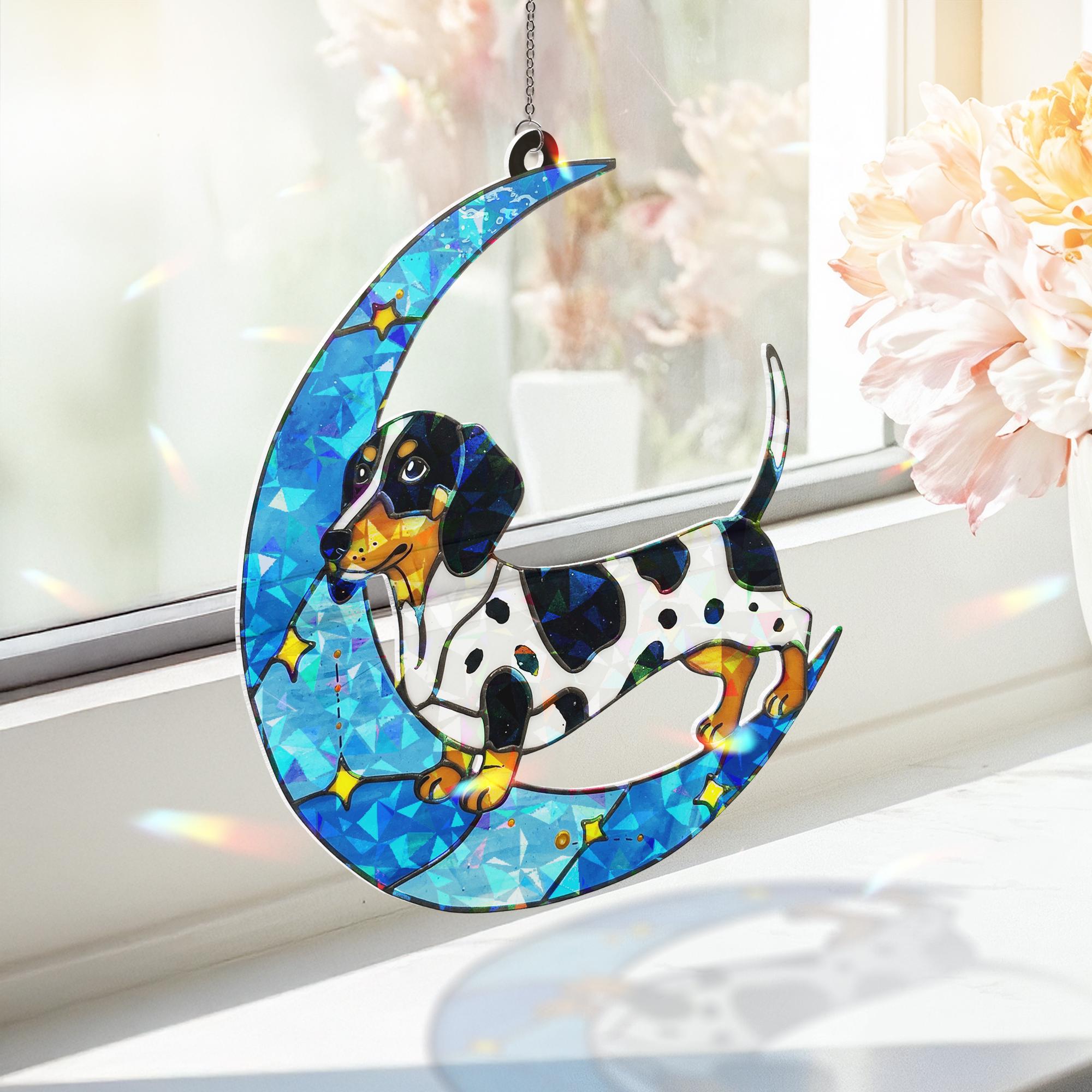 Piebald Dachshund on crescent moon Hologram Acrylic Window hanging, Handcrafted dachshund Decor, dog mom gift, Mother's day gift 2025