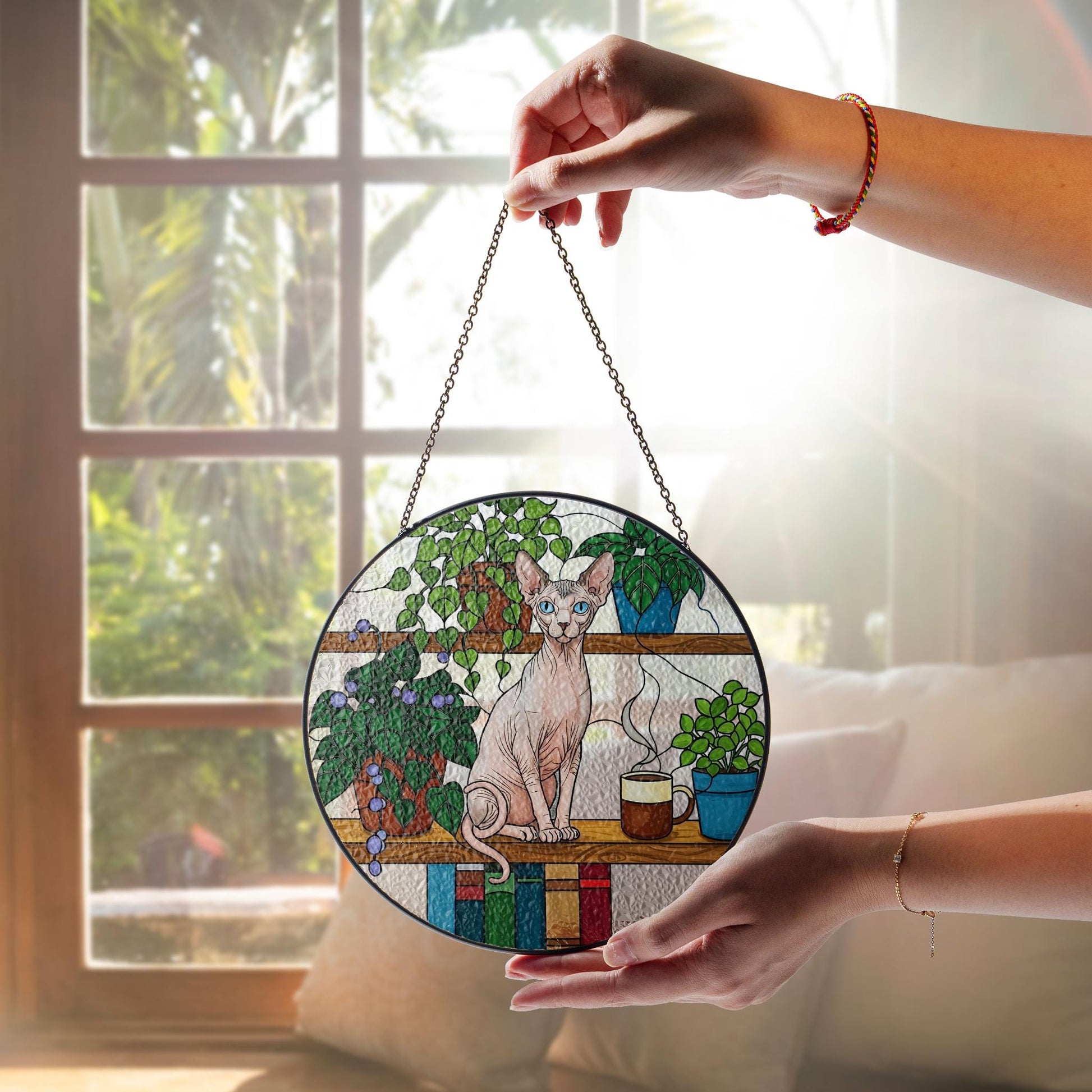 Sphynx Sitting On Bookshelf GLASS Suncatcher, Sphynx Lover Decor, Sphynx MOm Gift, Gift For Cat Mom, Mother's Day Gift, Sphynx Wall Art