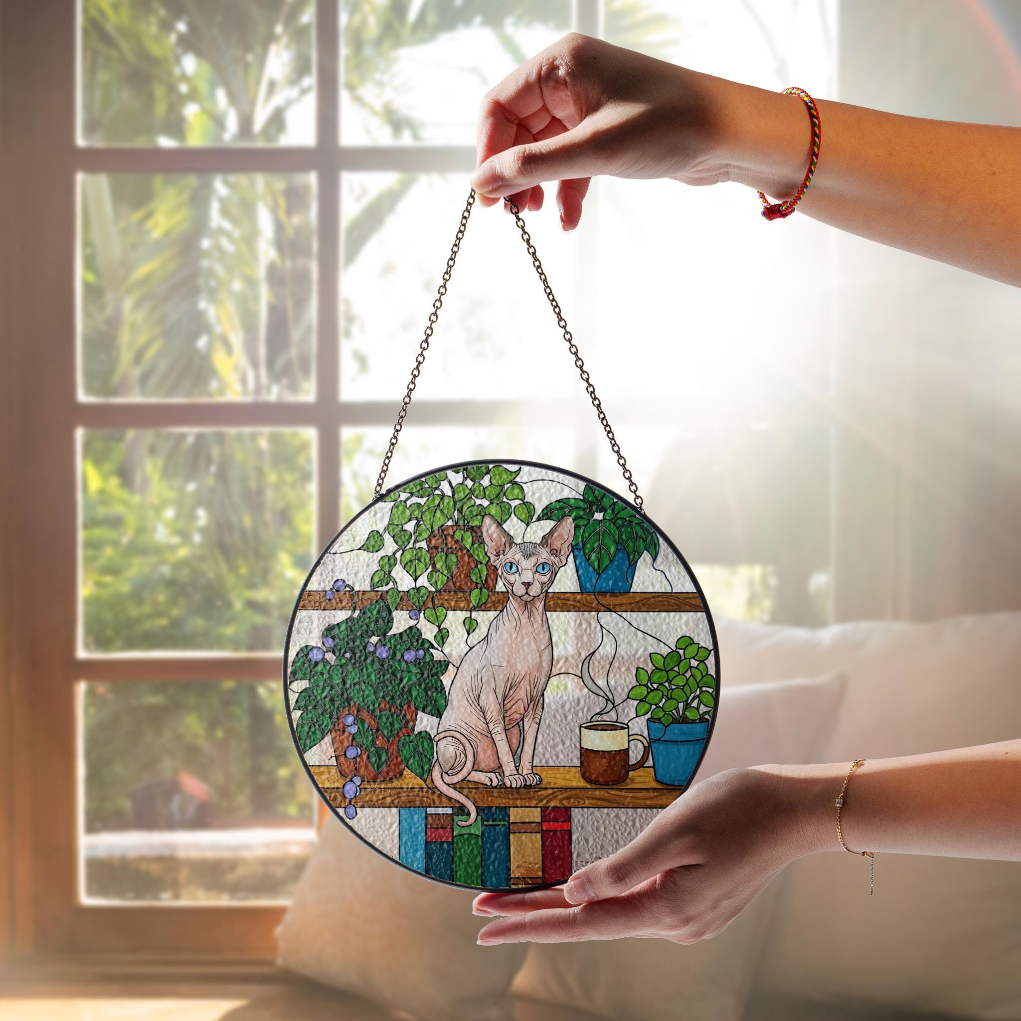 Sphynx Sitting On Bookshelf GLASS Suncatcher, Sphynx Lover Decor, Sphynx MOm Gift, Gift For Cat Mom, Mother's Day Gift, Sphynx Wall Art