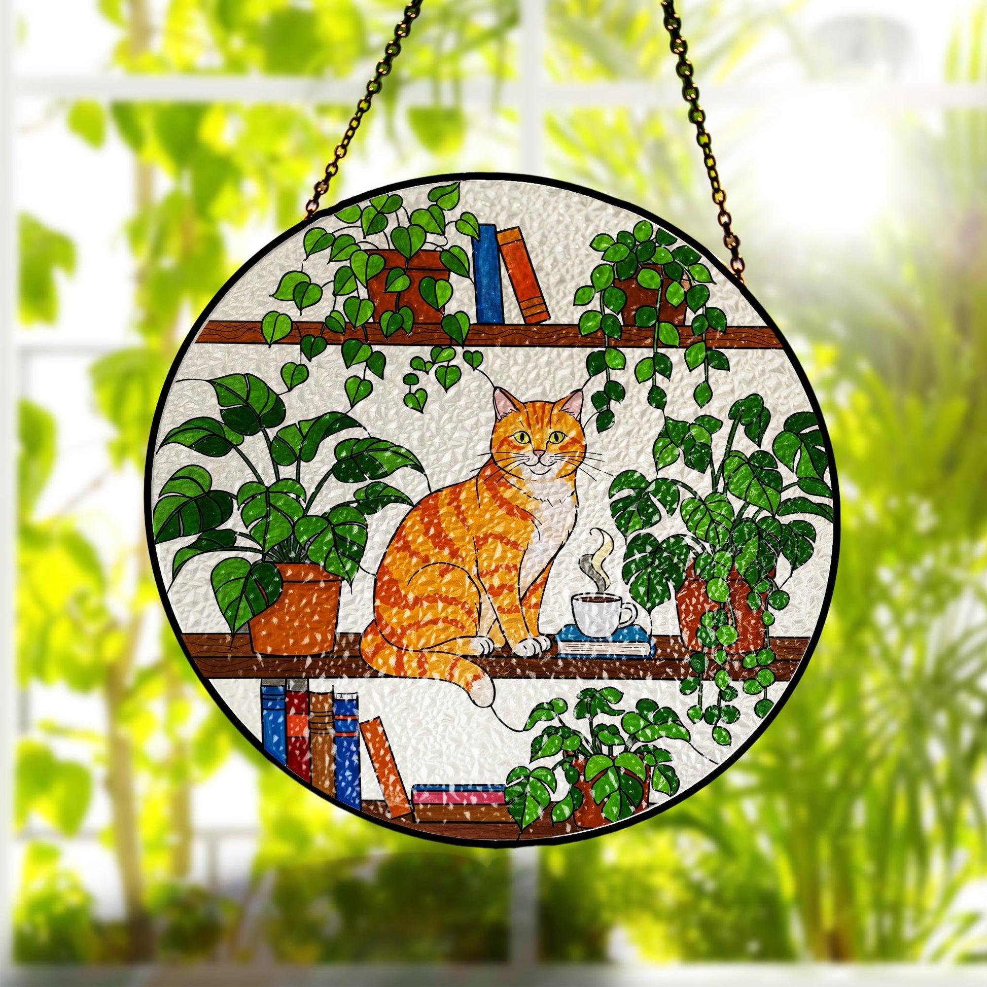 Orange Cat Sitting On Bookshelf GLASS Suncatcher, Orange Cat Lover Decor, Cat Mom Gift, Gift For Cat Mom, Mother's Day Gift, Cat Wall Art