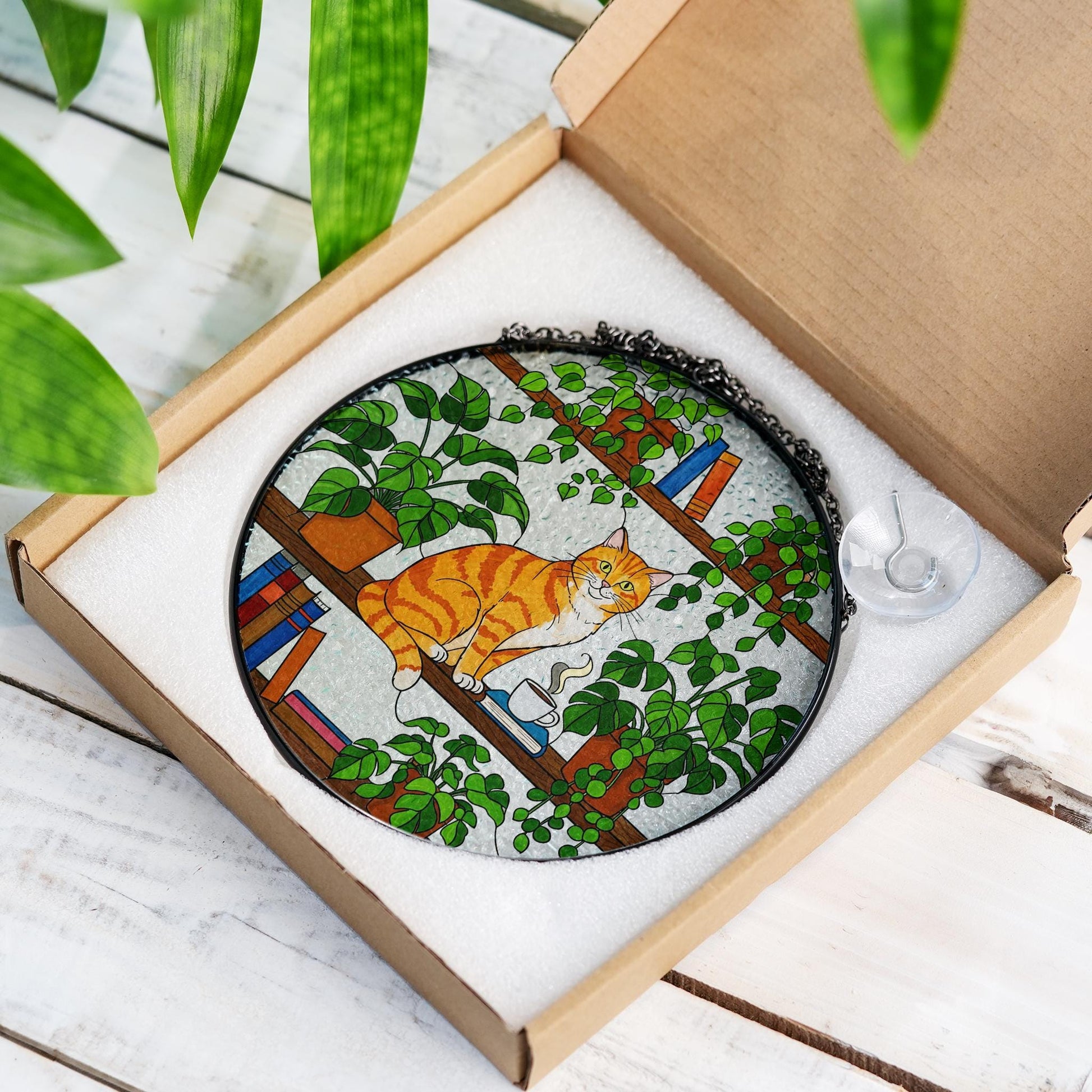 Orange Cat Sitting On Bookshelf GLASS Suncatcher, Orange Cat Lover Decor, Cat Mom Gift, Gift For Cat Mom, Mother's Day Gift, Cat Wall Art