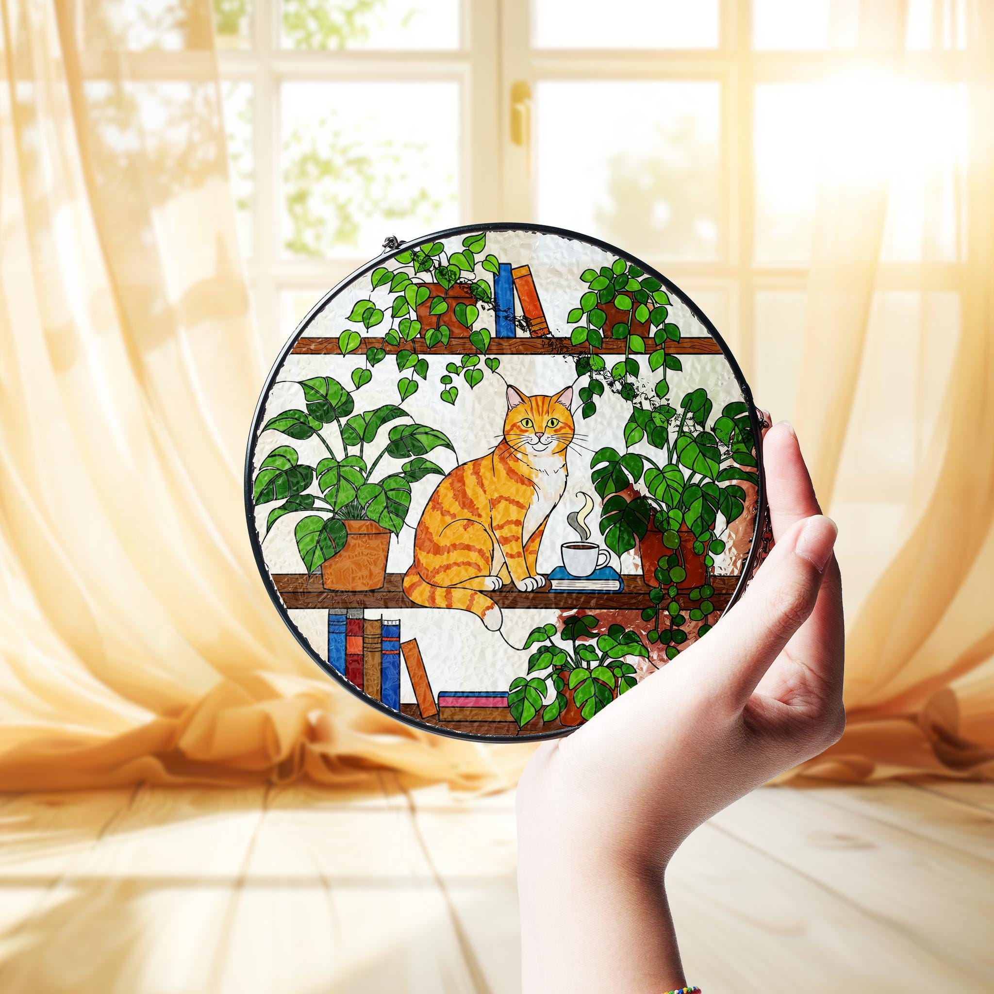 Orange Cat Sitting On Bookshelf GLASS Suncatcher, Orange Cat Lover Decor, Cat Mom Gift, Gift For Cat Mom, Mother's Day Gift, Cat Wall Art