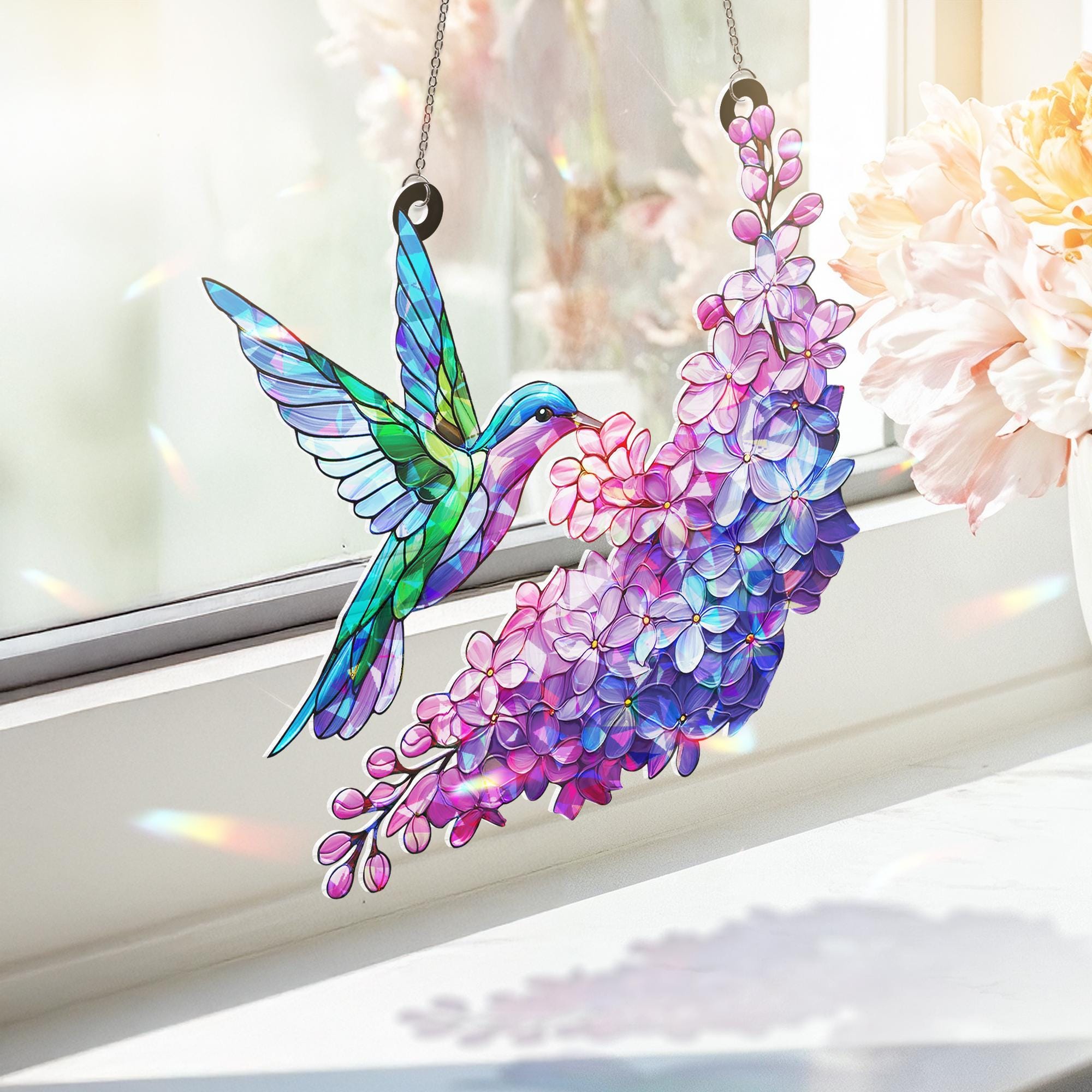 Hologram Purple lilac and hummingbird Acrylic Window hanging, suncatcher hologram window decor, Mother's day gift for mom grandma