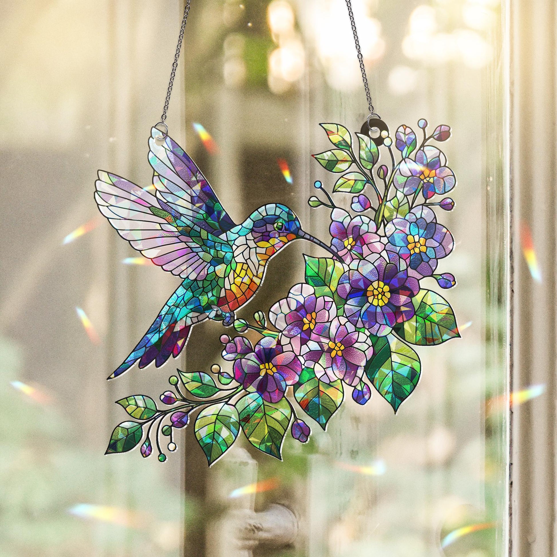 Hologram Violet and hummingbird Acrylic Window hanging, suncatcher hologram window decor, Mother's day gift for mom grandma birth month