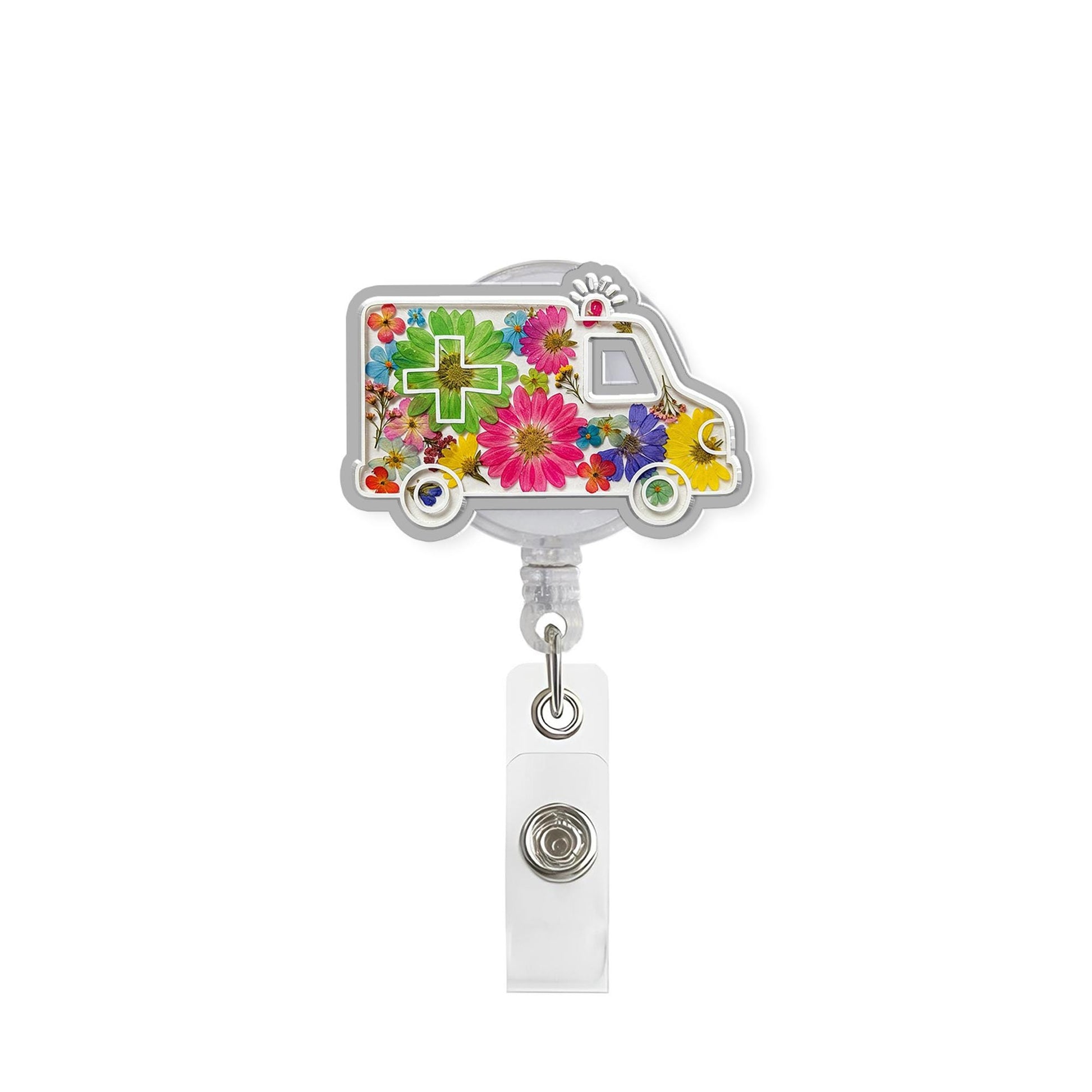 Ambulance Flower Badge Reel for Healthcare Workers, EMS Badge Holder, Emergency Services ID Clip, Nurse, Doctor, Paramedic Gift