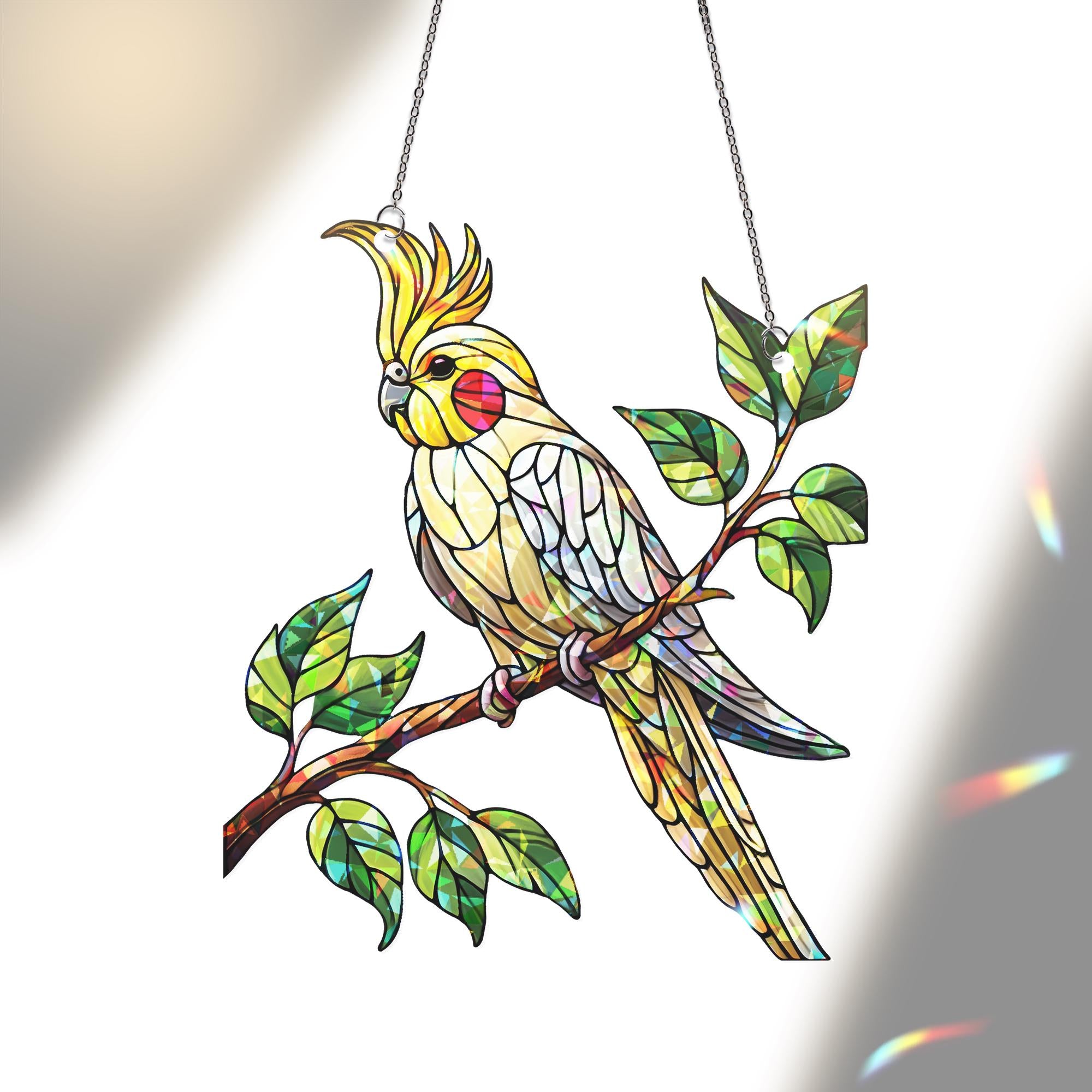 Hologram Cockatiel bird on branch Acrylic Window hanging, suncatcher hologram window decor, Mother's day gift for bird mom