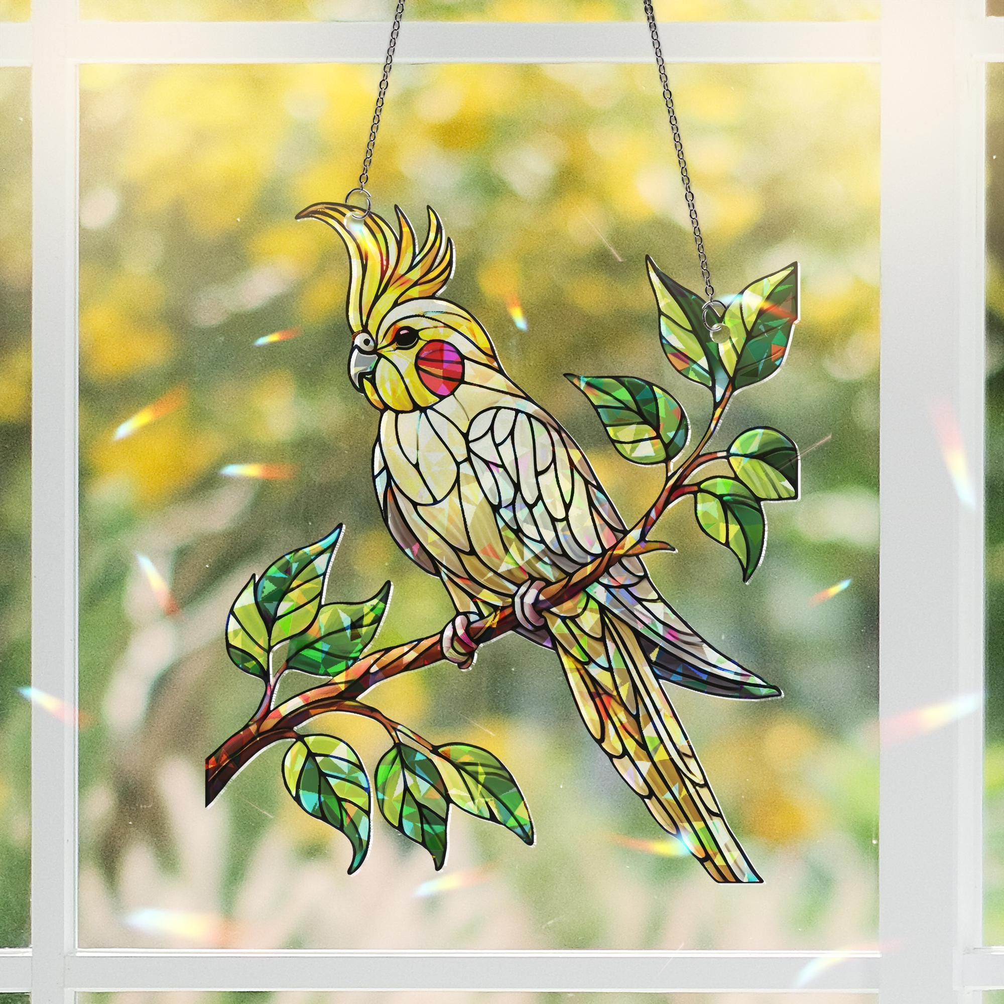 Hologram Cockatiel bird on branch Acrylic Window hanging, suncatcher hologram window decor, Mother's day gift for bird mom