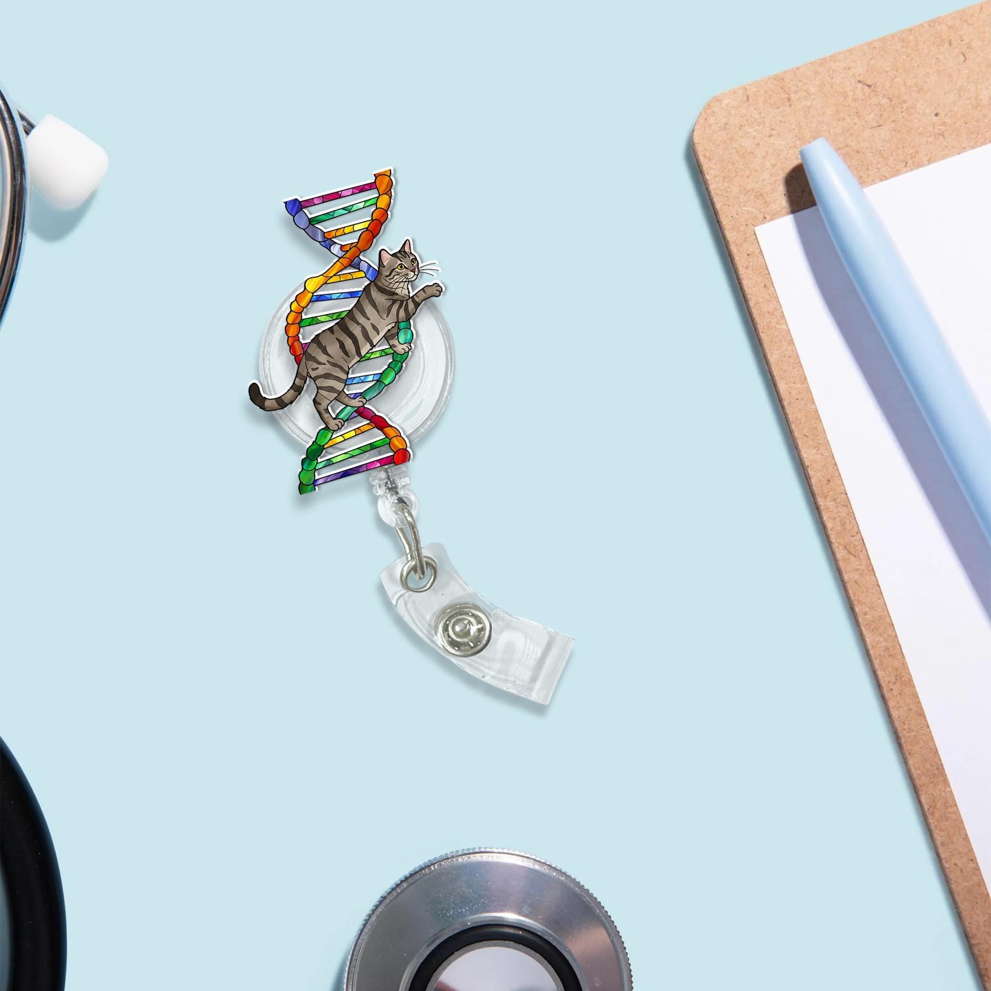 Cat Climbing On Double Helix Badge Reel, Funny Genealogist Gift, Genealogy Study Gift, Genealogy Lover Gift, Funny Scientist Gift, Cat Lover