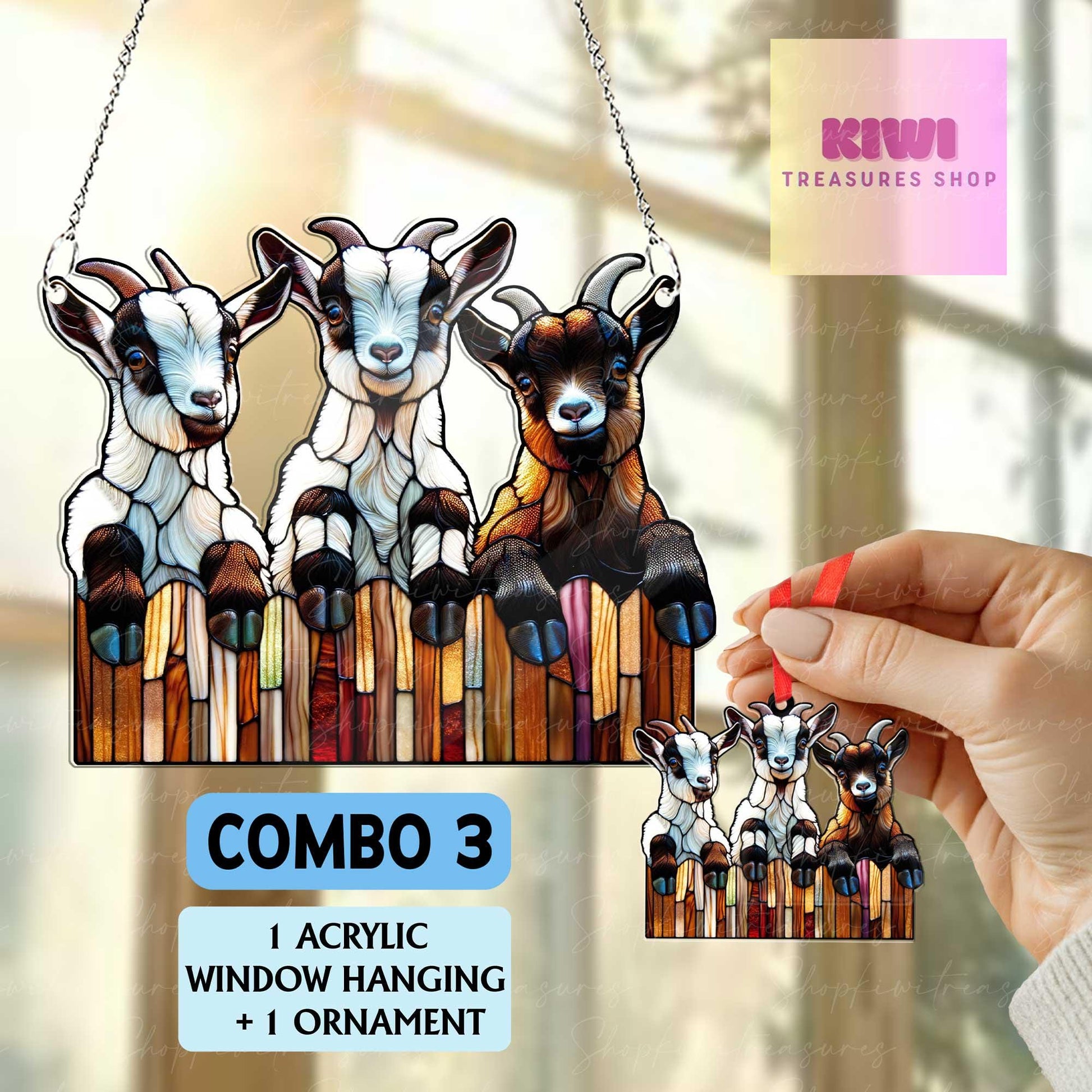 Mother's day special gift box - Cute 3 curious goats ACRYLIC window hanging, Farmhouse Hanging, Gift for farmer, Housewarming gift