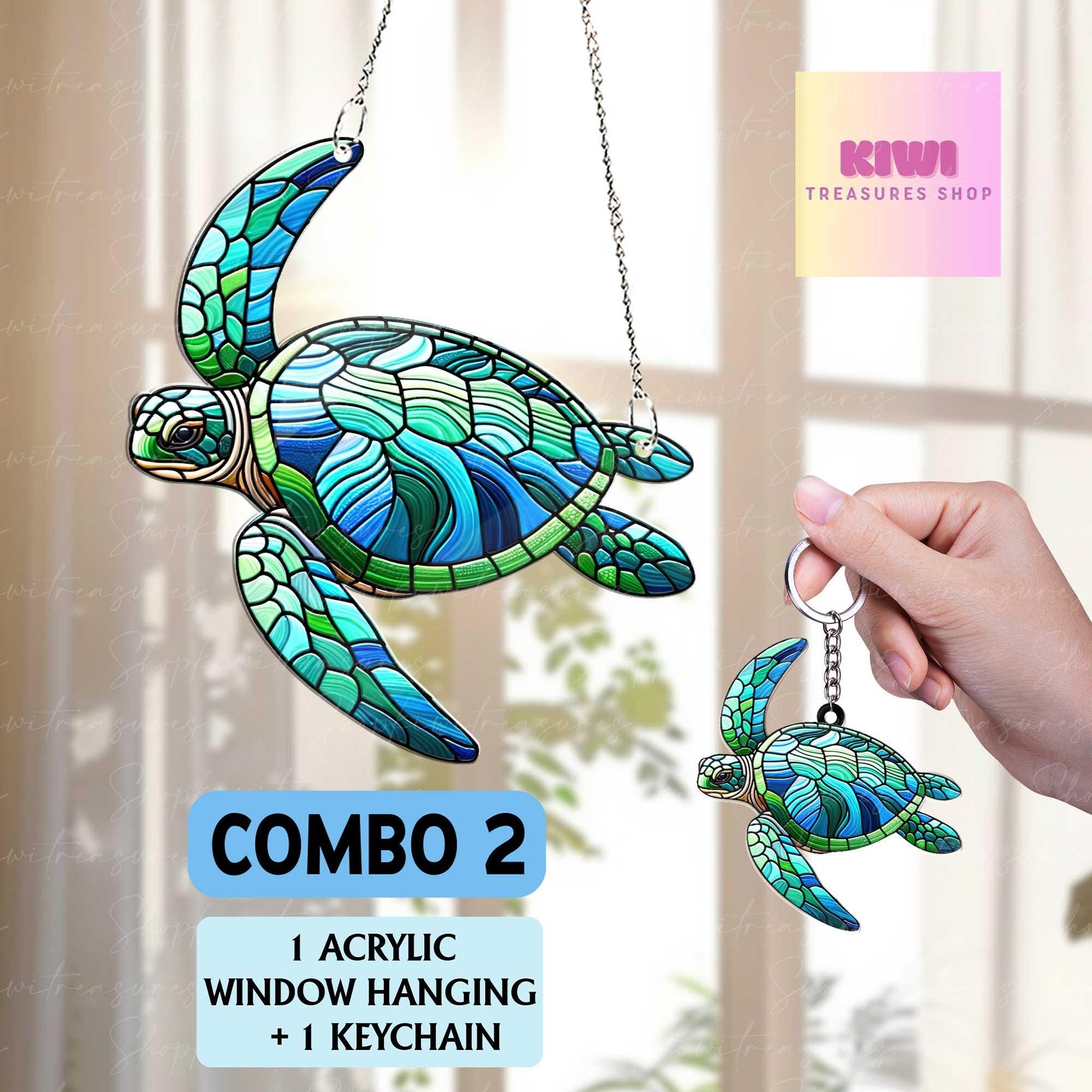 Special gift set - Sea Turtle ACRYLIC window hanging, Turtle Window Hangings, turtle lovers gift,, Faux Stained Glass