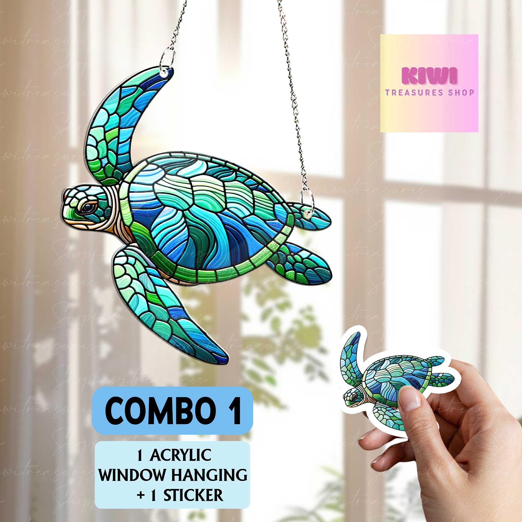 Special gift set - Sea Turtle ACRYLIC window hanging, Turtle Window Hangings, turtle lovers gift,, Faux Stained Glass