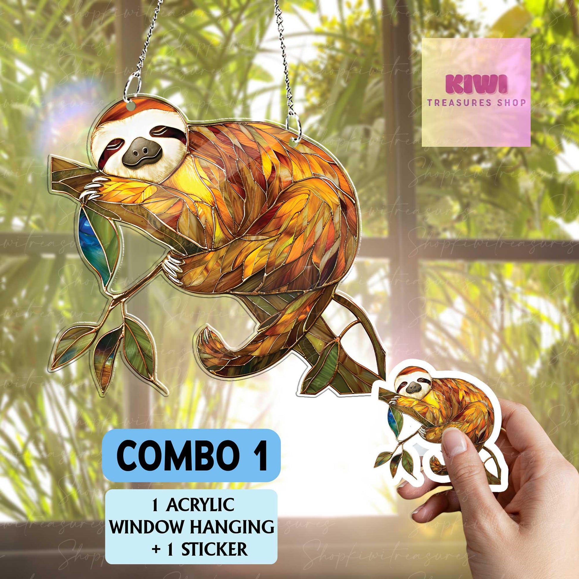 Sloth Acrylic Suncatcher, Hanging Window Decor with Leaves, Lazy Animal Gift, Relaxing Boho Home Accent